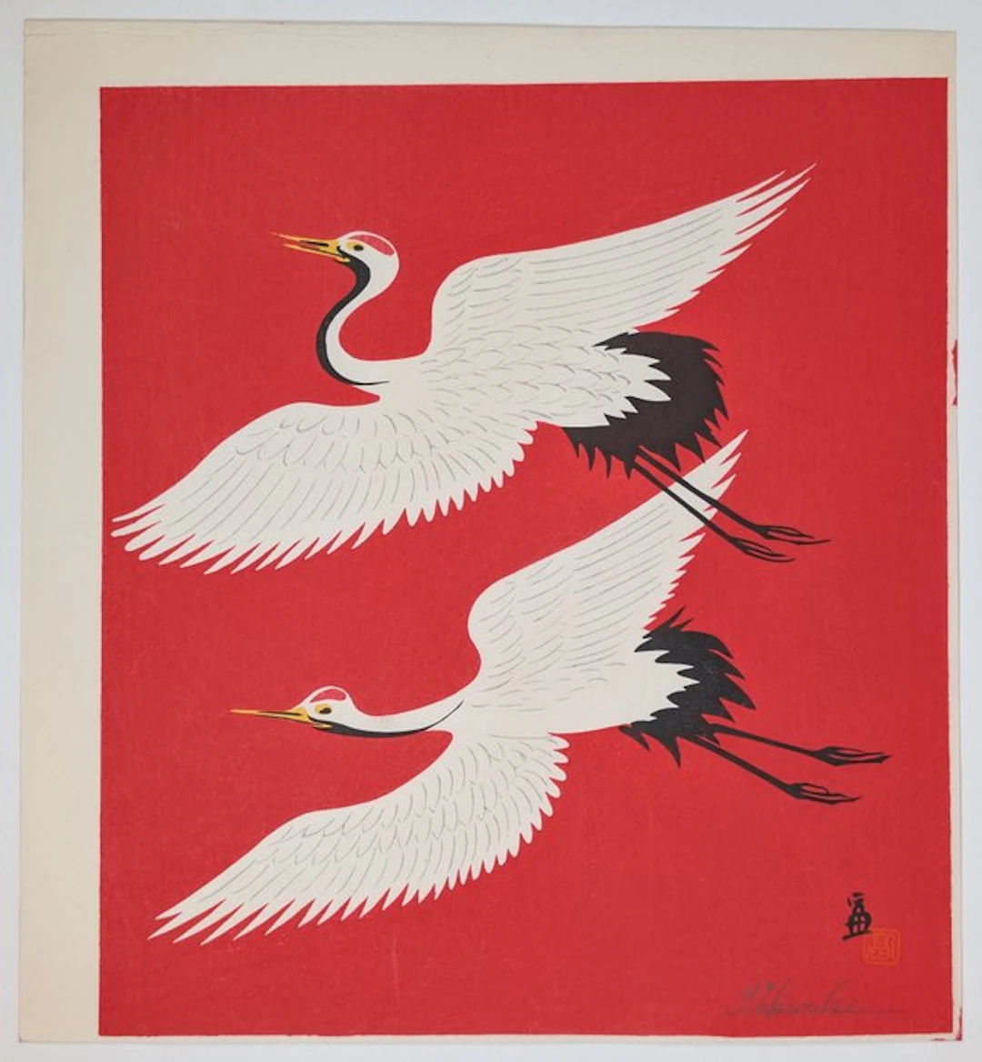T. Tokuriki • Flying Cranes · Pencil-Signed Kyoto modern...