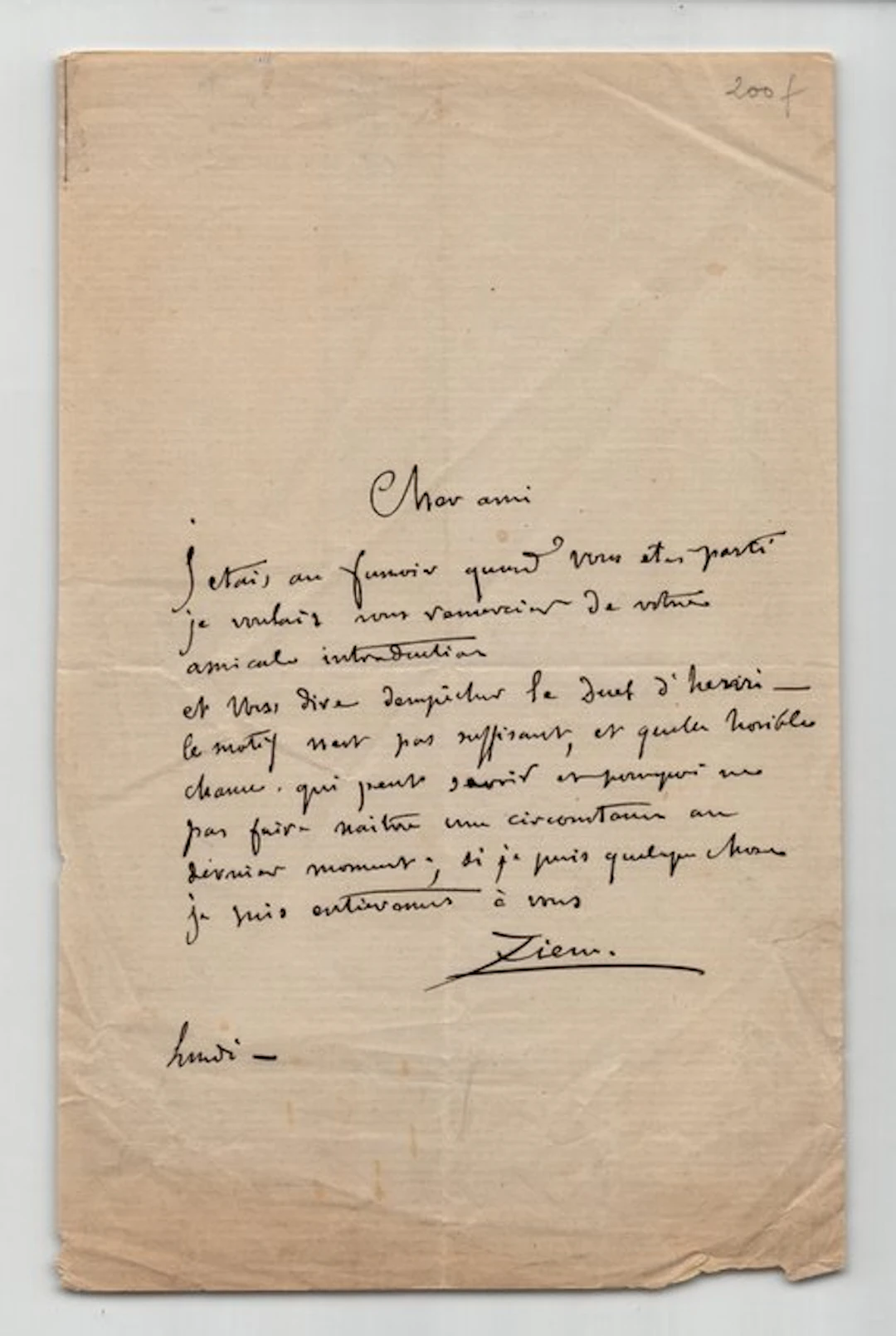 Félix Ziem - Lettre autographe signée à propos d'un duel - 1865