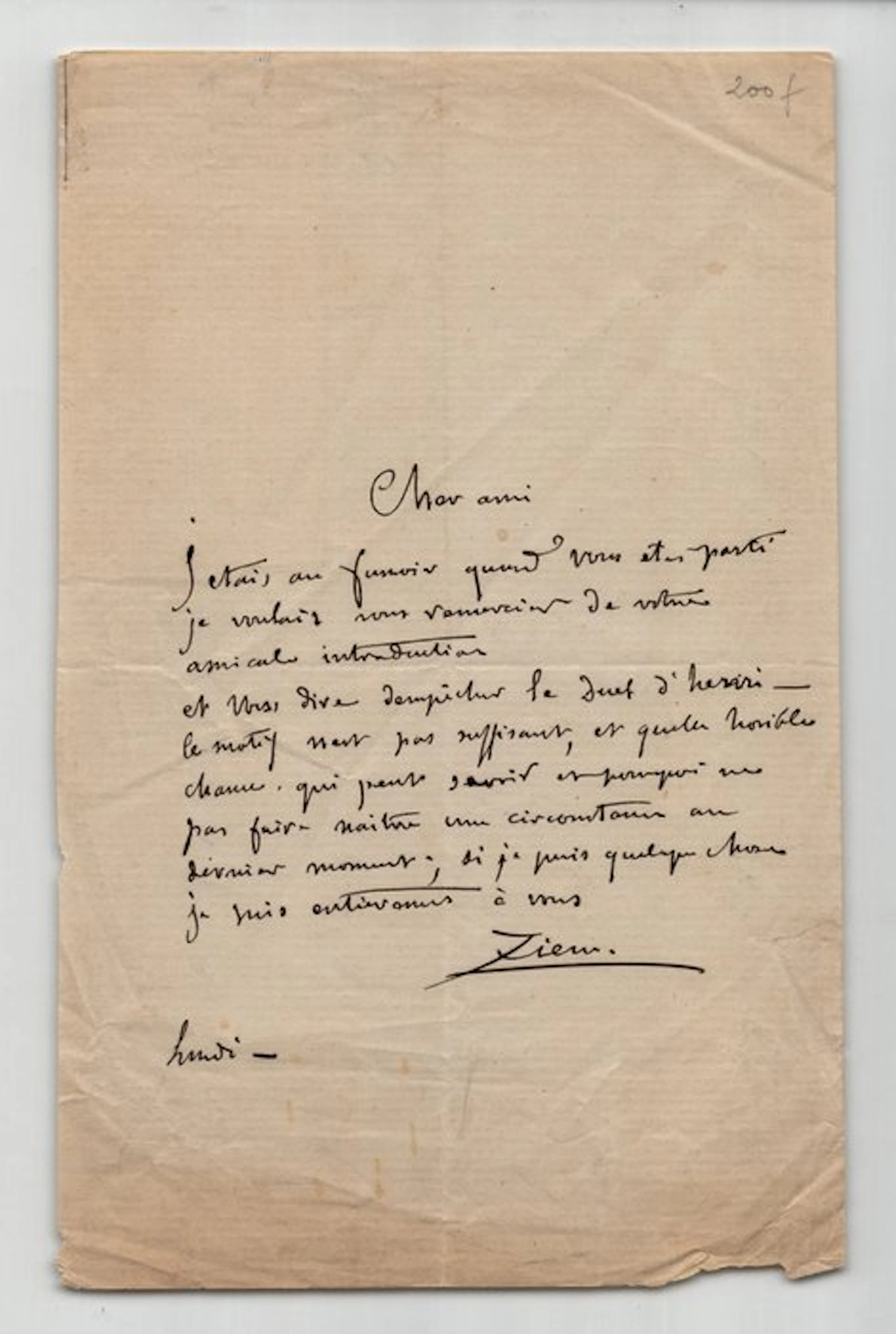 Félix Ziem - Lettre autographe signée à propos d'un duel - 1865
