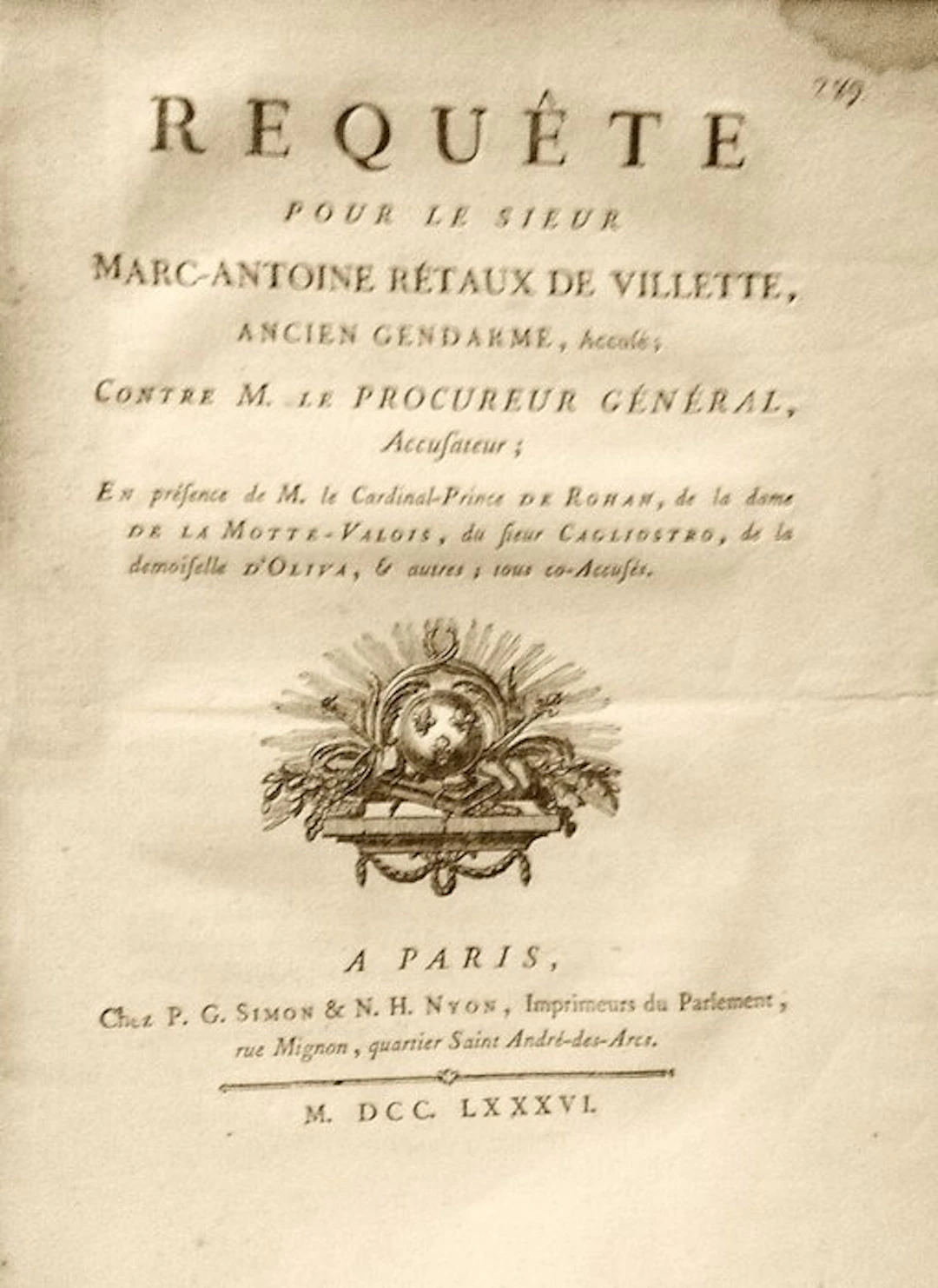 Anonimo. - Requête pour le sieur M.Antoine Rétaux de Villette - 1786