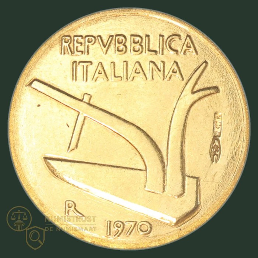 Italy. 10 Lire 1970 naslag in 18kt GOUD "Korenaren" (No reserve price)