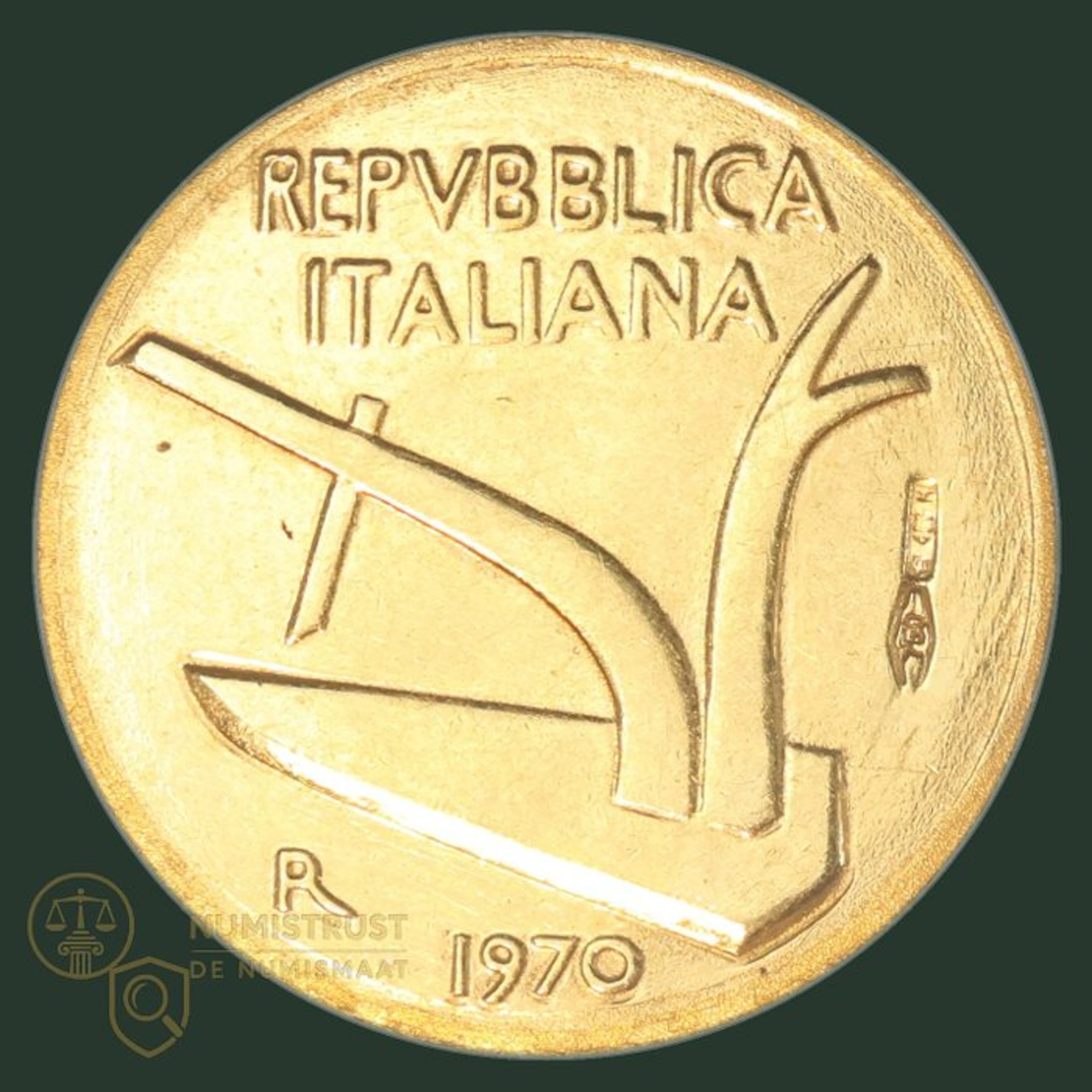Italy. 10 Lire 1970 naslag in 18kt GOUD "Korenaren" (No reserve price)