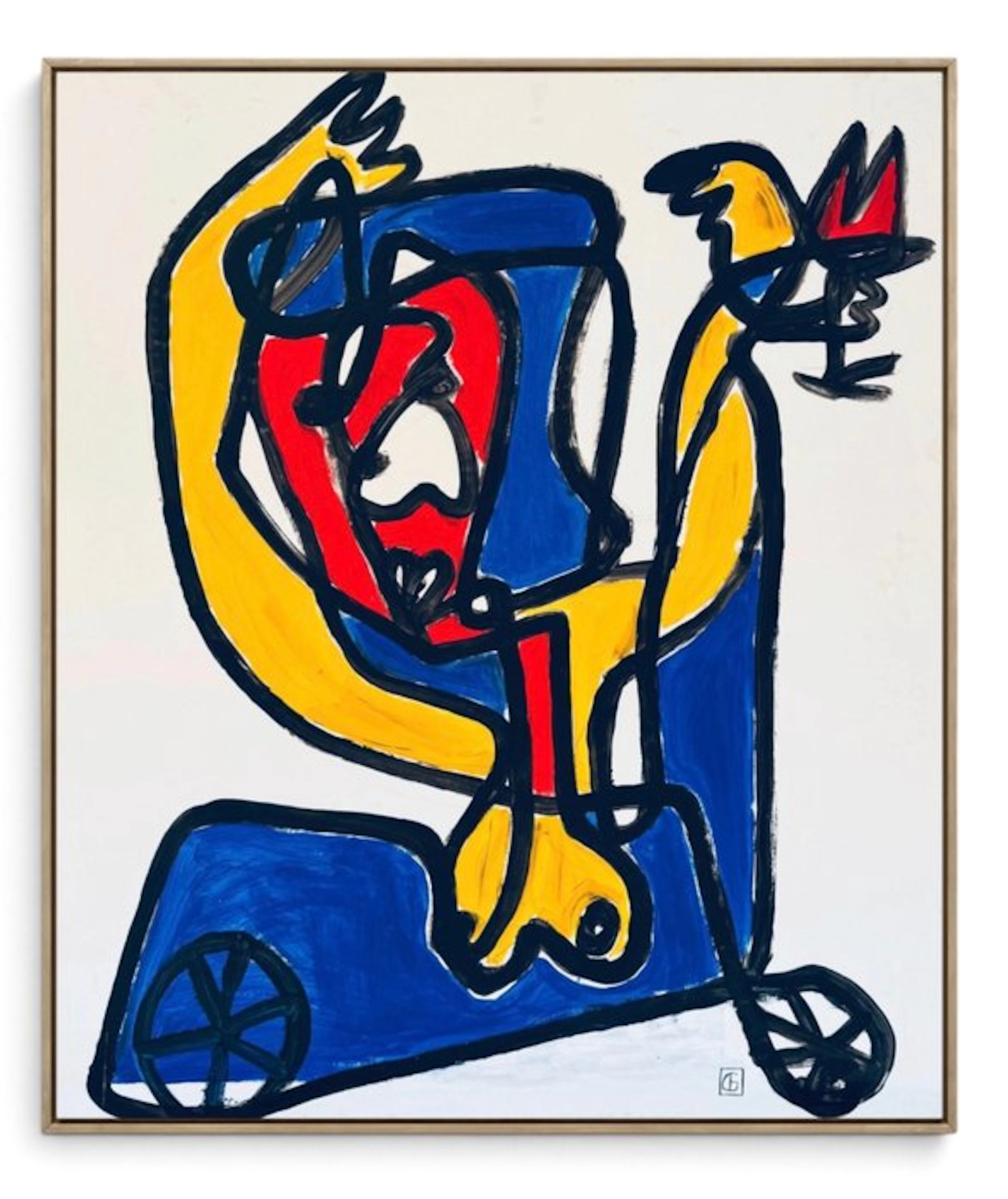 Gundi Falk (1966) - Personnage et oiseau au chariot bleu