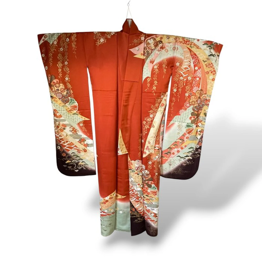 Coral and Sage Furisode Kimono with Sweeping Diagonal Arcs