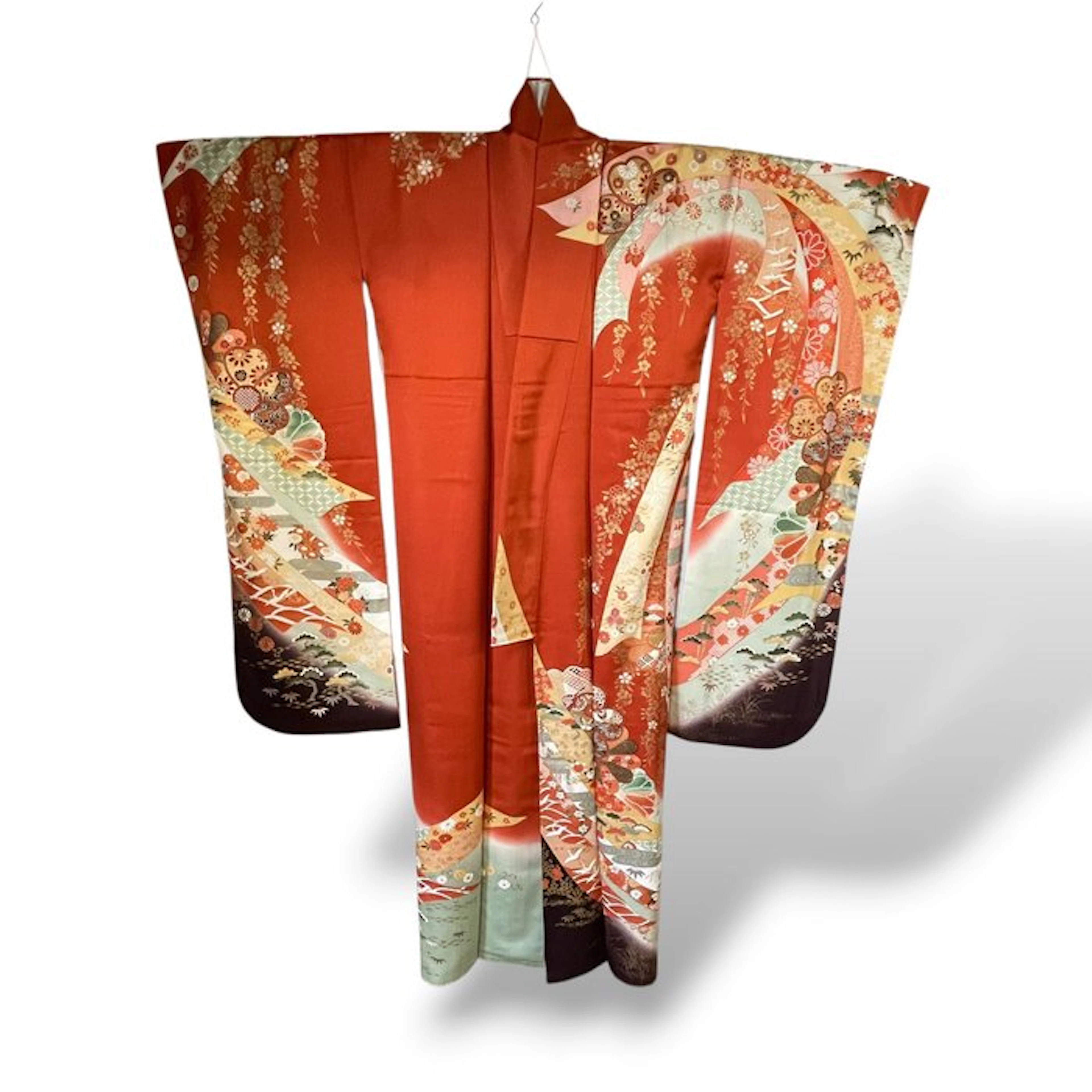 Coral and Sage Furisode Kimono with Sweeping Diagonal Arcs