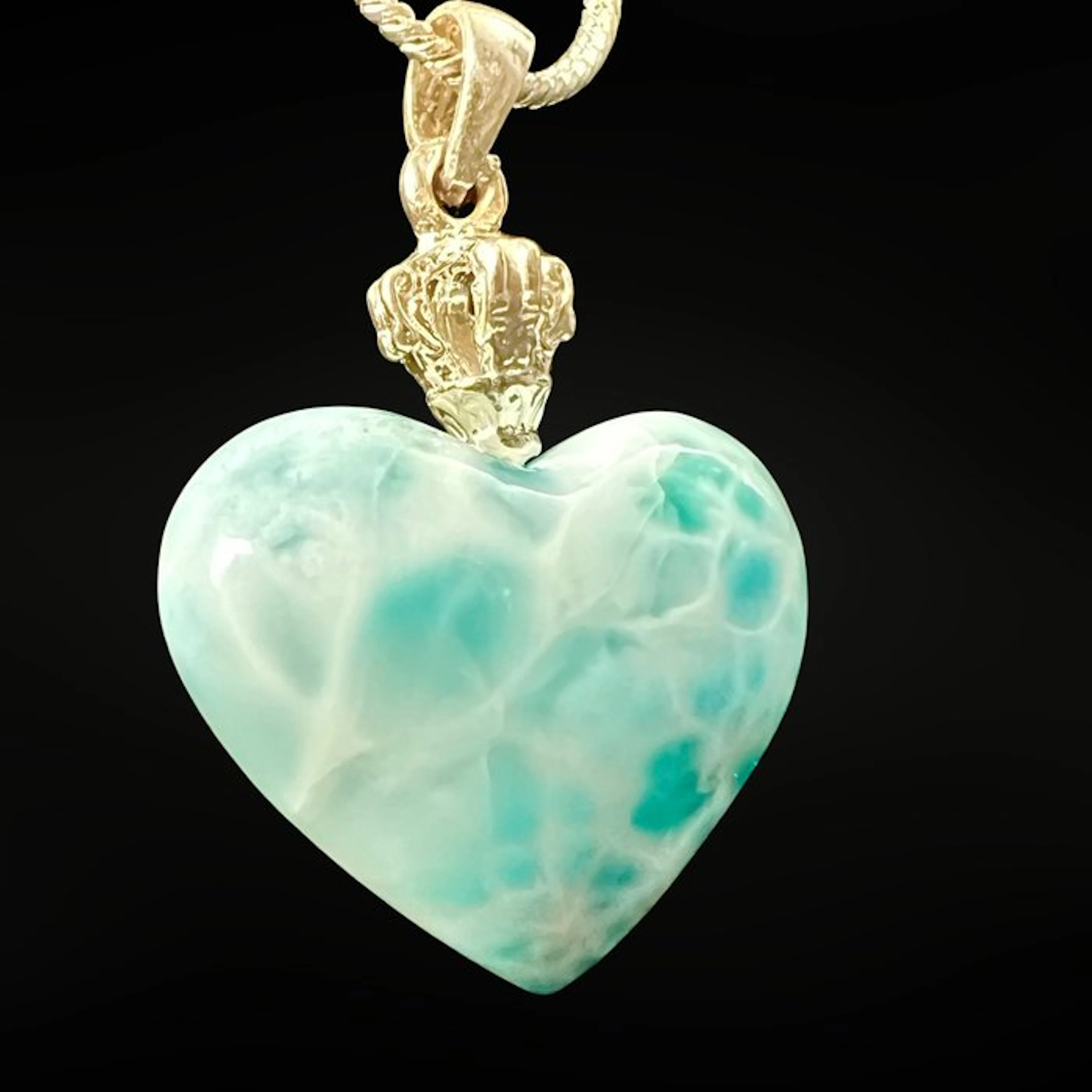 Premium - Natural Larimar Heart Pendant - 925 Silver...