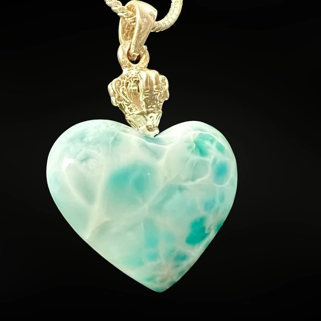 Premium - Natural Larimar Heart Pendant - 925 Silver...