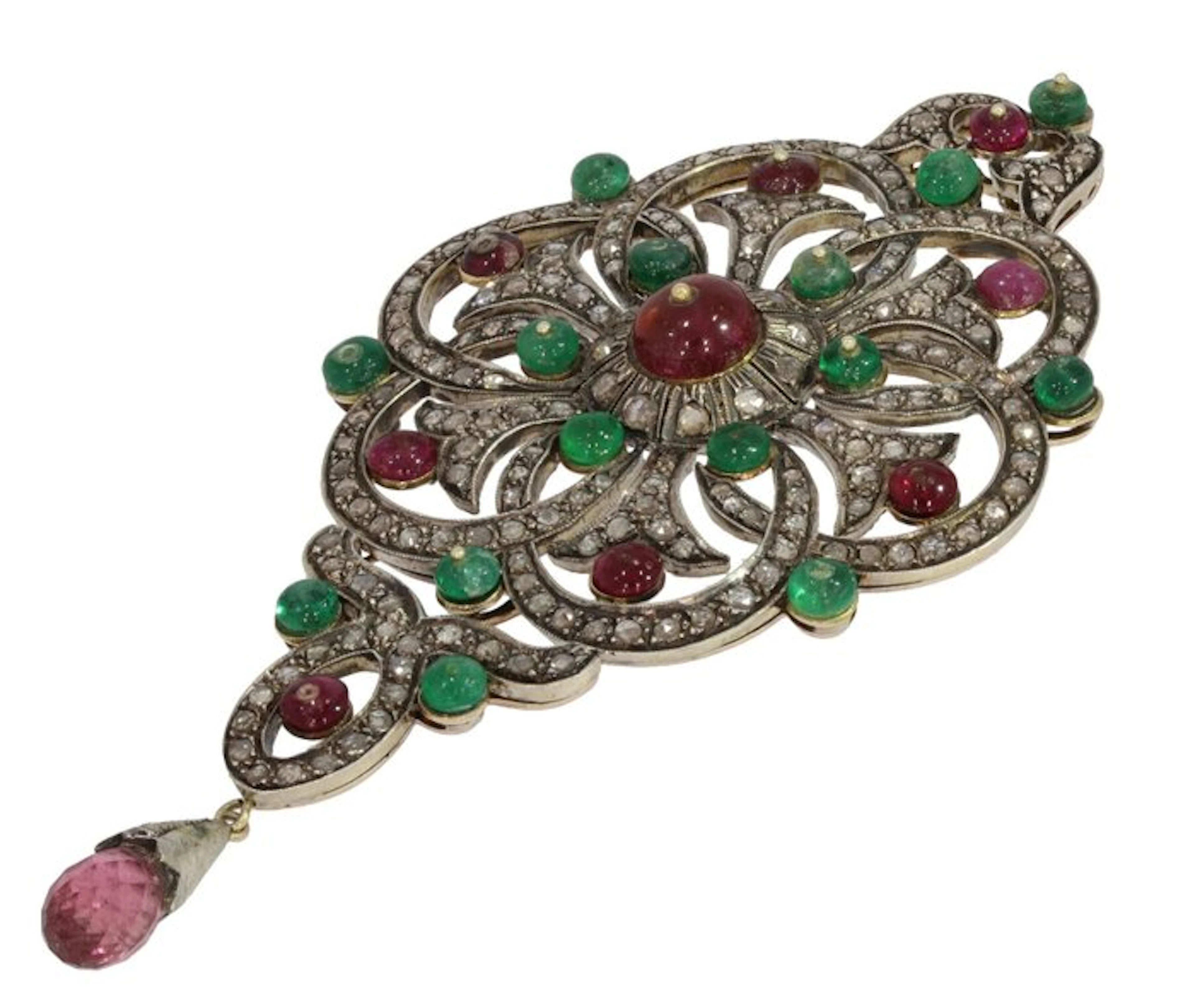 Pendant - 14 kt. Yellow gold, Silver Diamond (Natural) - Exclusive ruby emerald