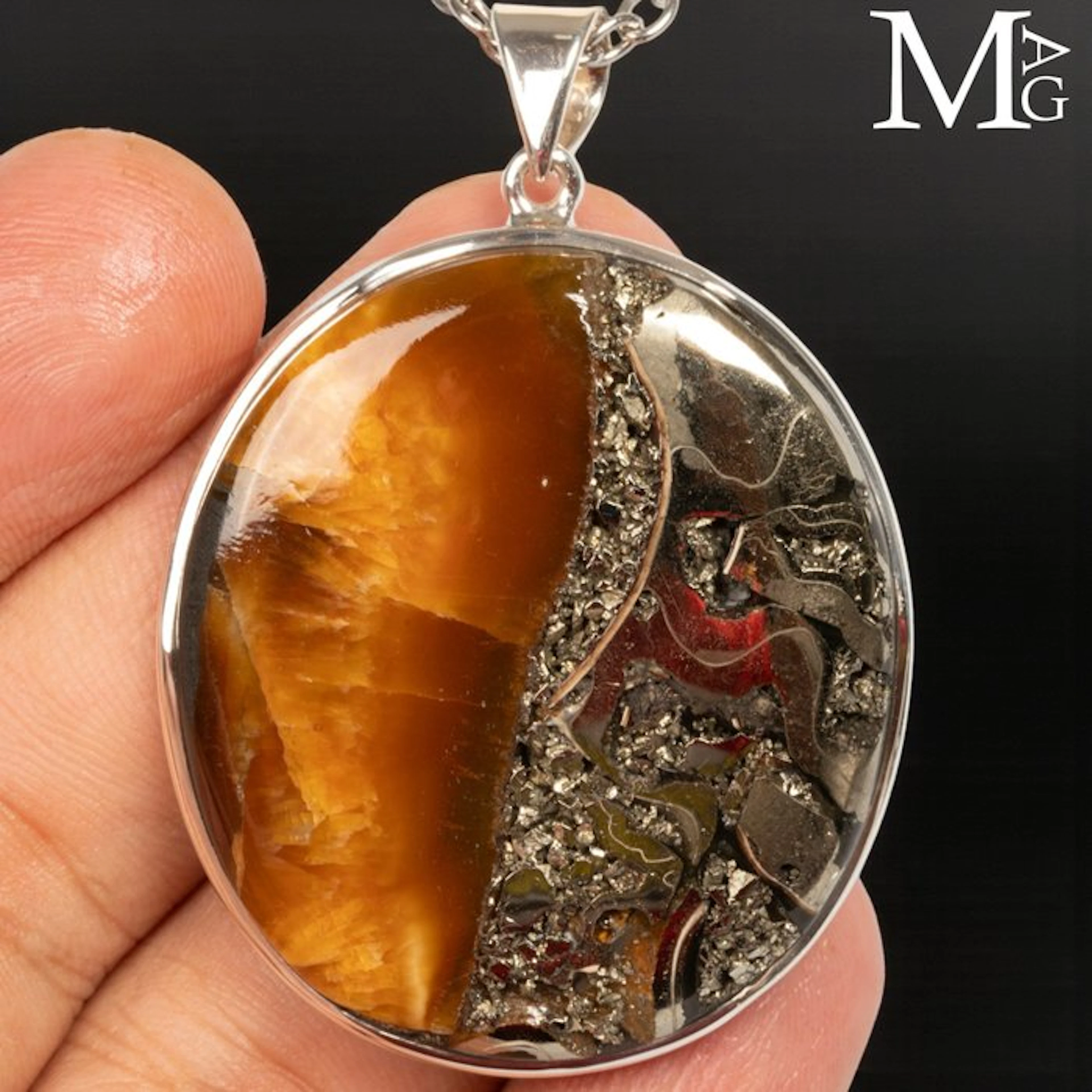 925 Silver Pendant with Natural Pyritized Ammonite Fossil...
