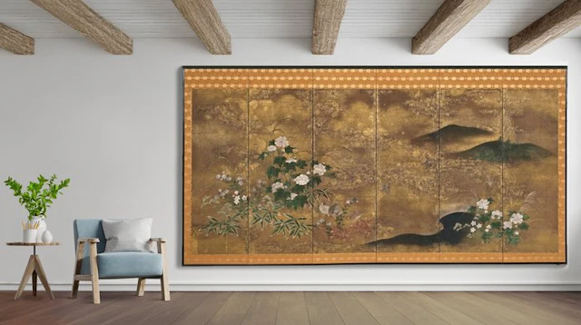 Folding screen with Rinpa School-style autumn landscape - Paper