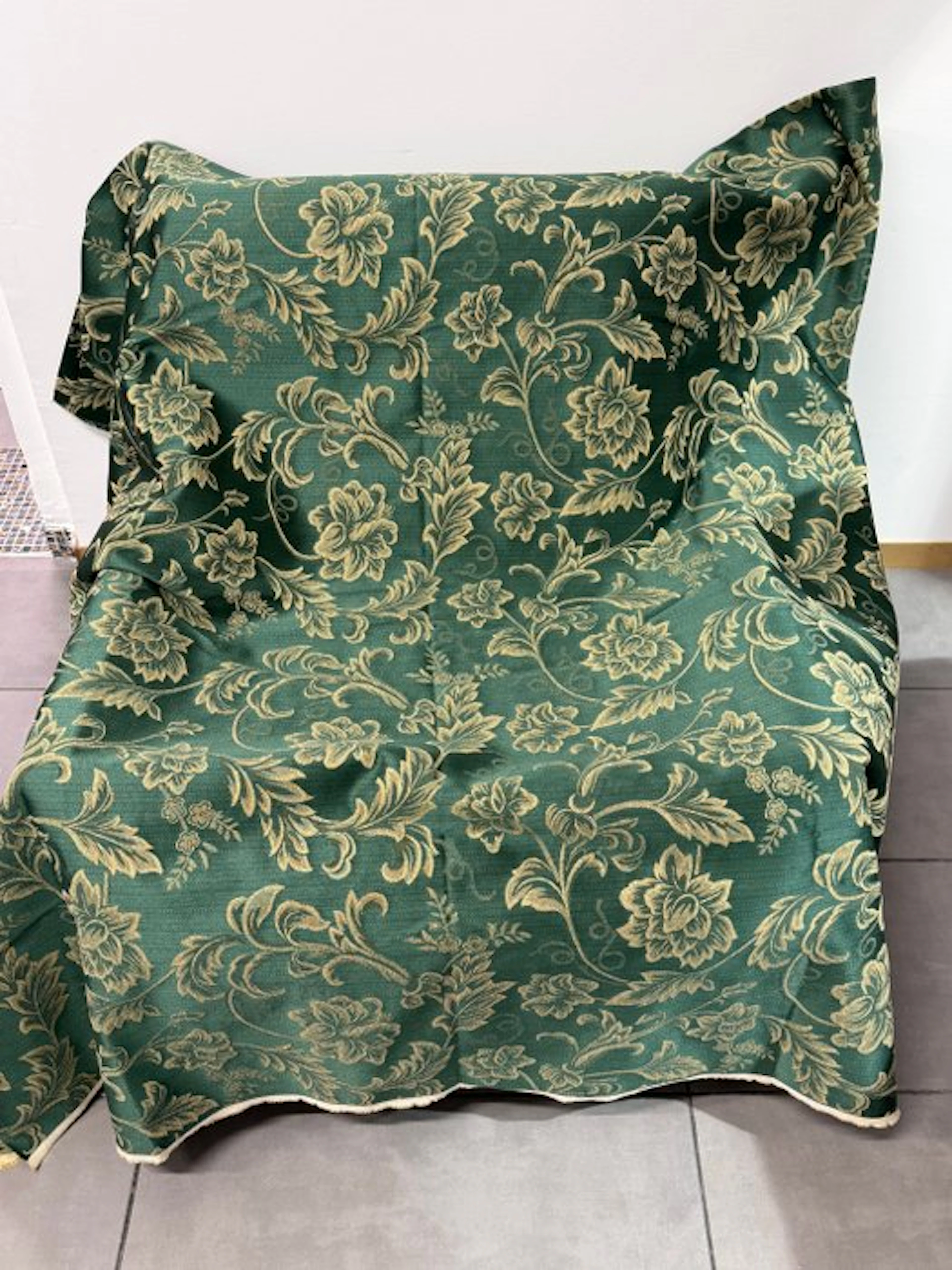 Petrol green and antique gold floral jacquard upholstery...