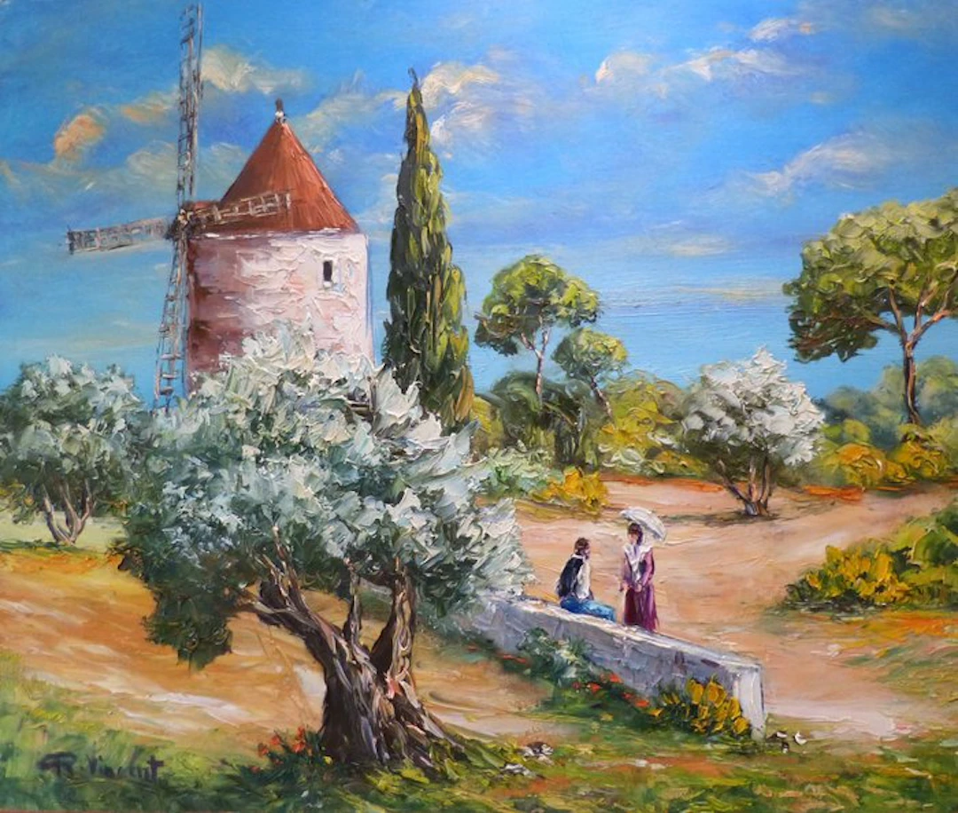 R. Vincent (1954) - Le moulin de Daudet en Provence oeuvre de Vincent Rallo