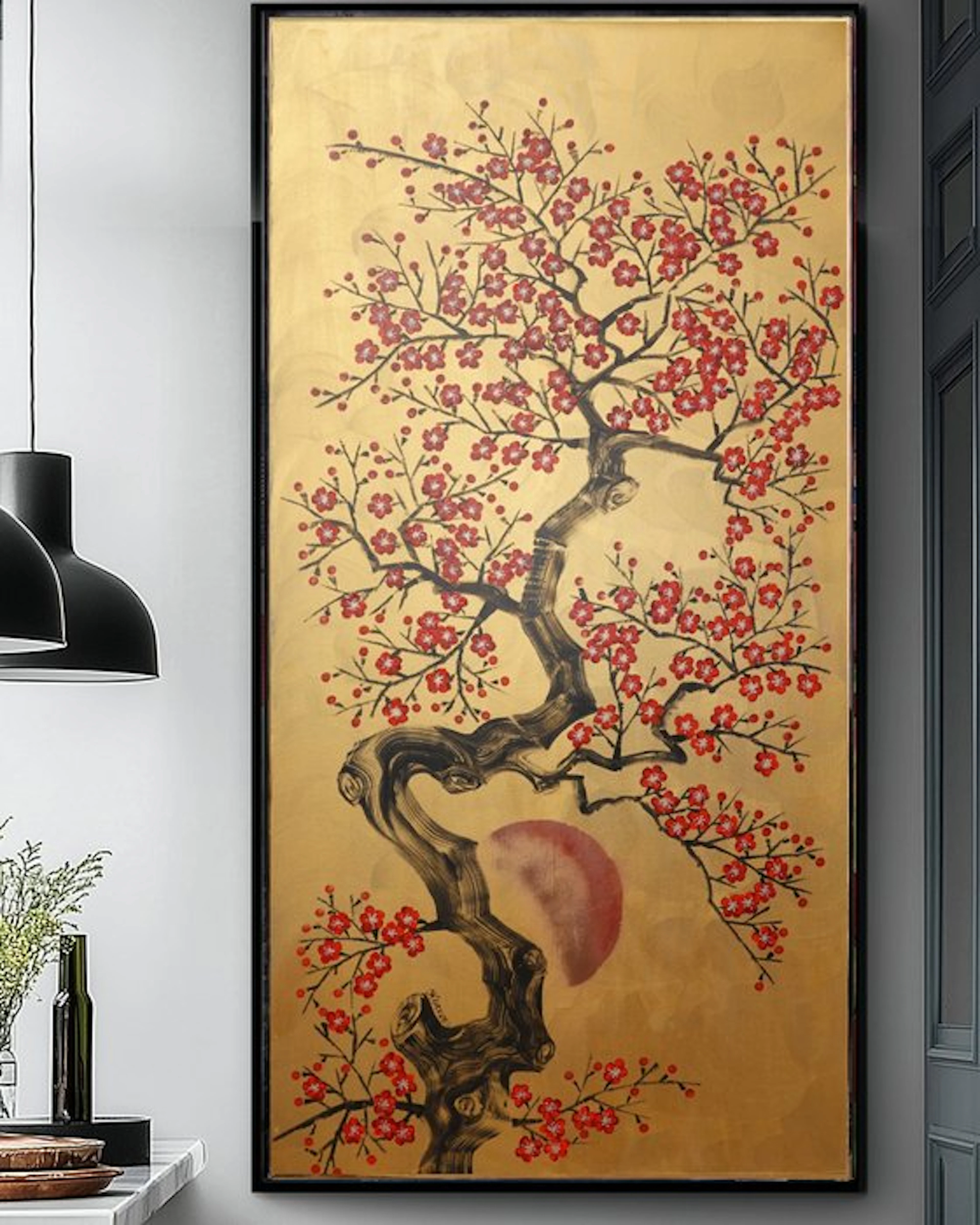 Ksavera - Japanese sakura J565 - gold painting on XXL canvas 210cm