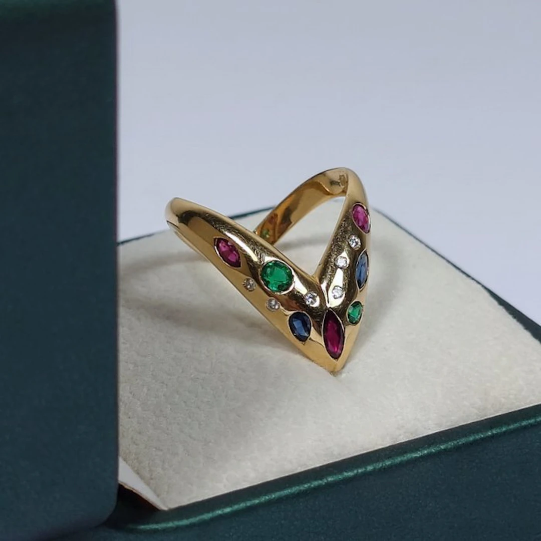 Ring - 18 kt. Yellow gold, Sapphire, Ruby, Emerald, Diamond - Snakehead