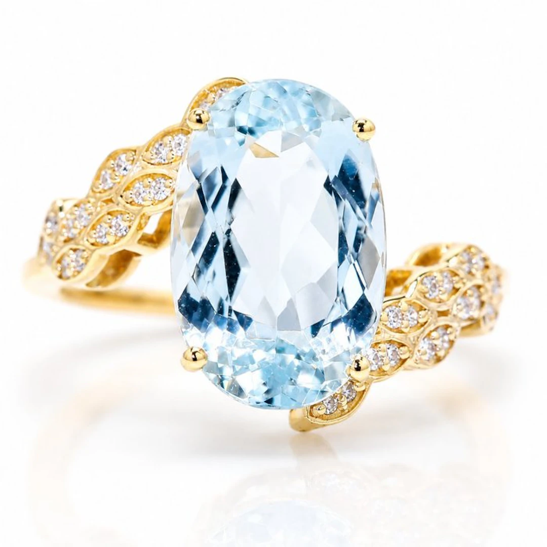 No reserve price - Ring - 14 kt. Yellow gold - 4.06ct. tw. Aquamarine - Diamond