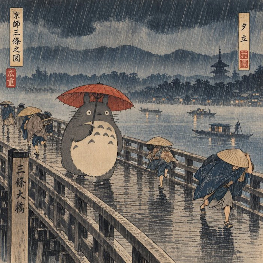 MEDSAN - Totoro in the Rain on Sanjo Bridge (三条大橋の雨のトトロ) - UNIQUE WORK