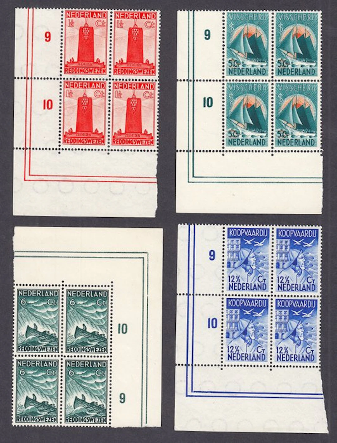 Netherlands 1933 - Seaman's stamps - NVPH 257/260, in hoekblokken van vier