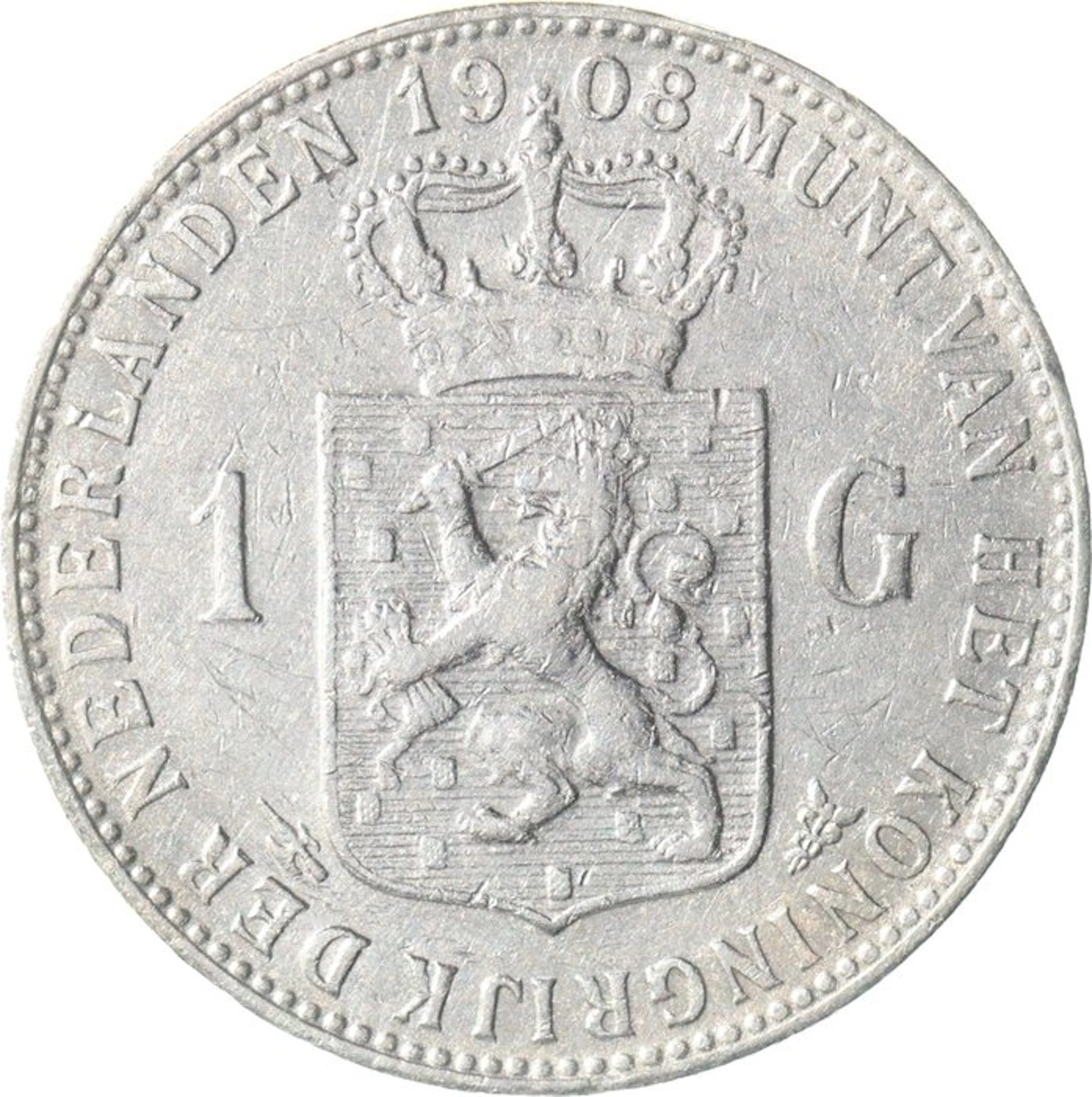 Netherlands. Wilhelmina. 1 Gulden 1908 (No reserve price)
