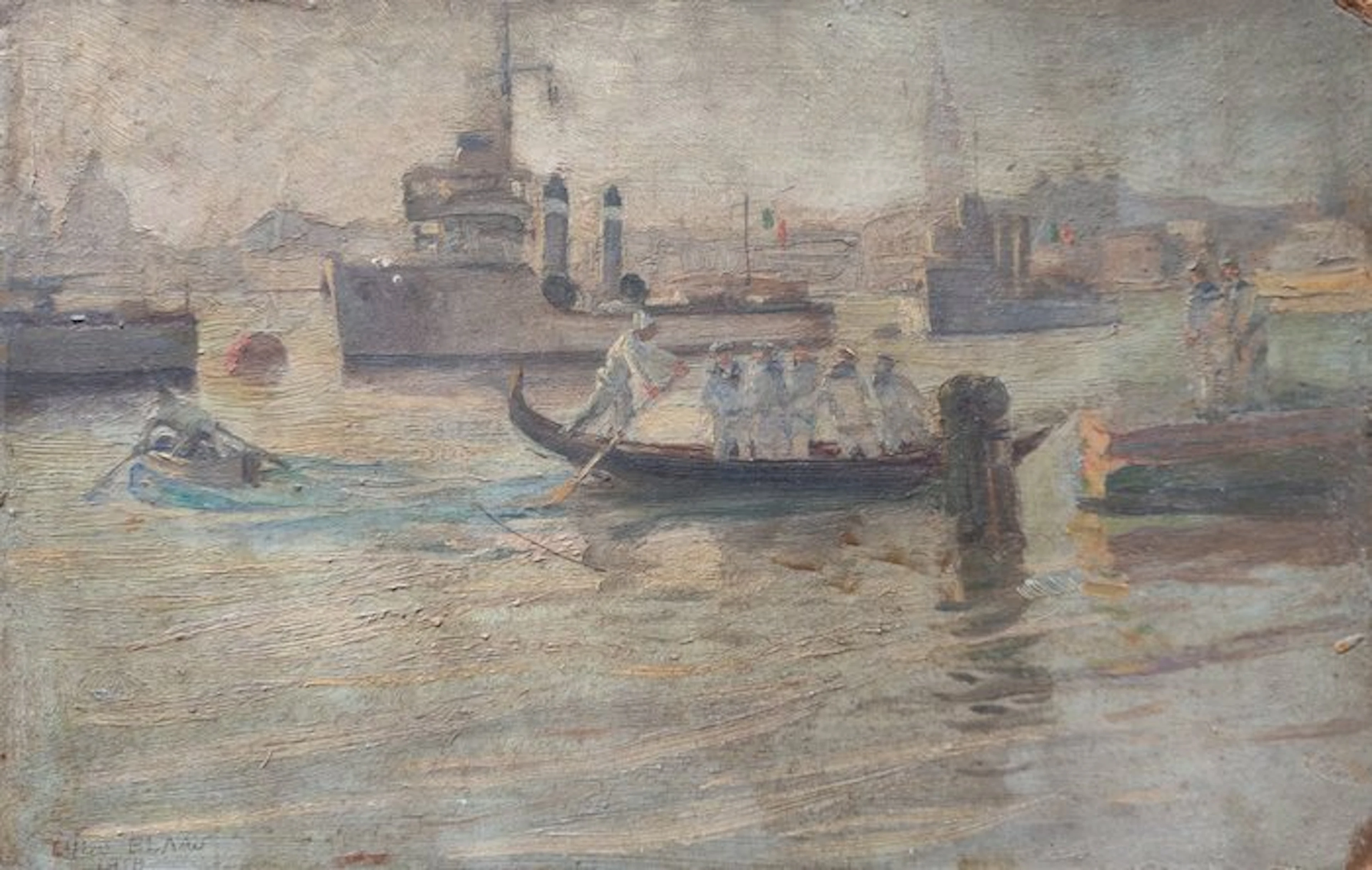 Giulio de Blaas (1843-1931) - Laguna di Venezia con Navi della Regia Marina