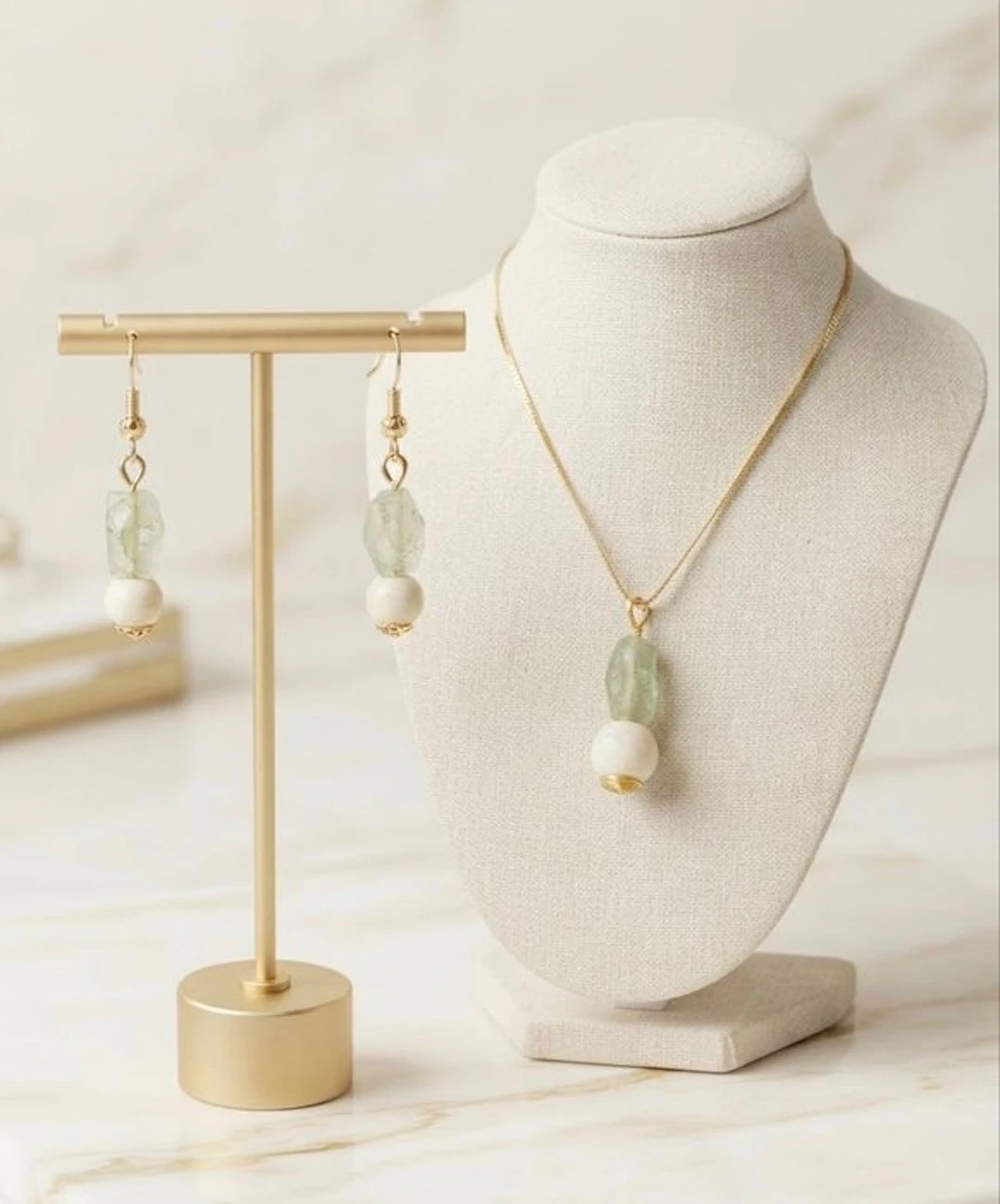 Ancient Roman Gold-plated 2 piece jewellery set - White quartz/Glass