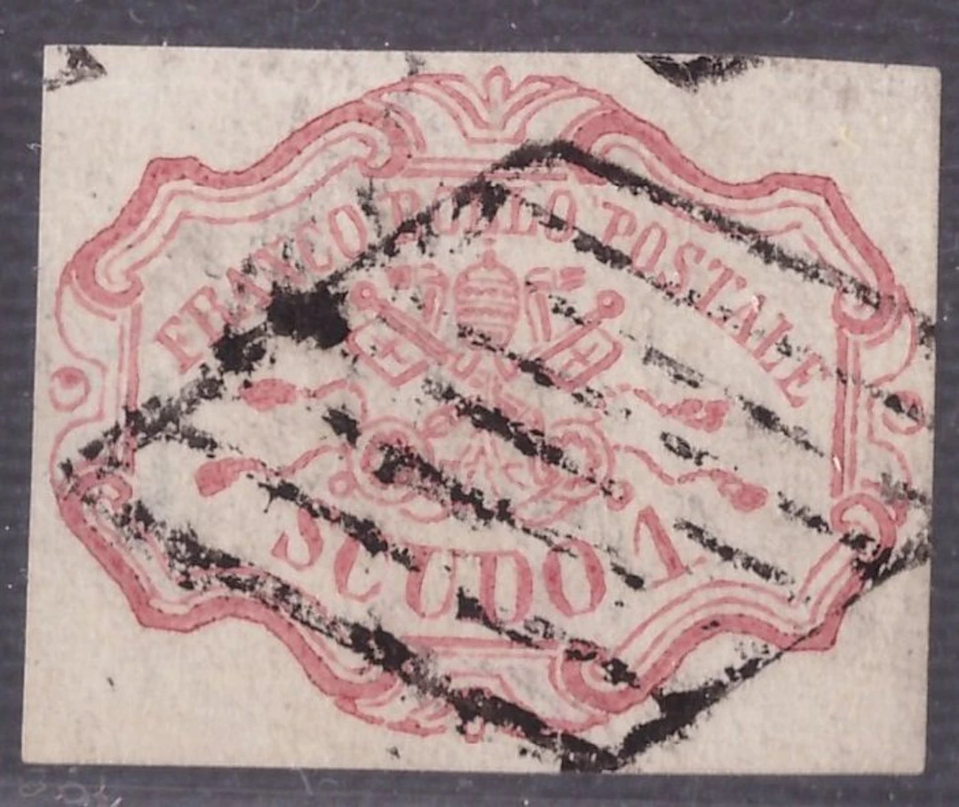 Italian Ancient States - Papal State 1852 - 1 carmine pink shield - Sassone N