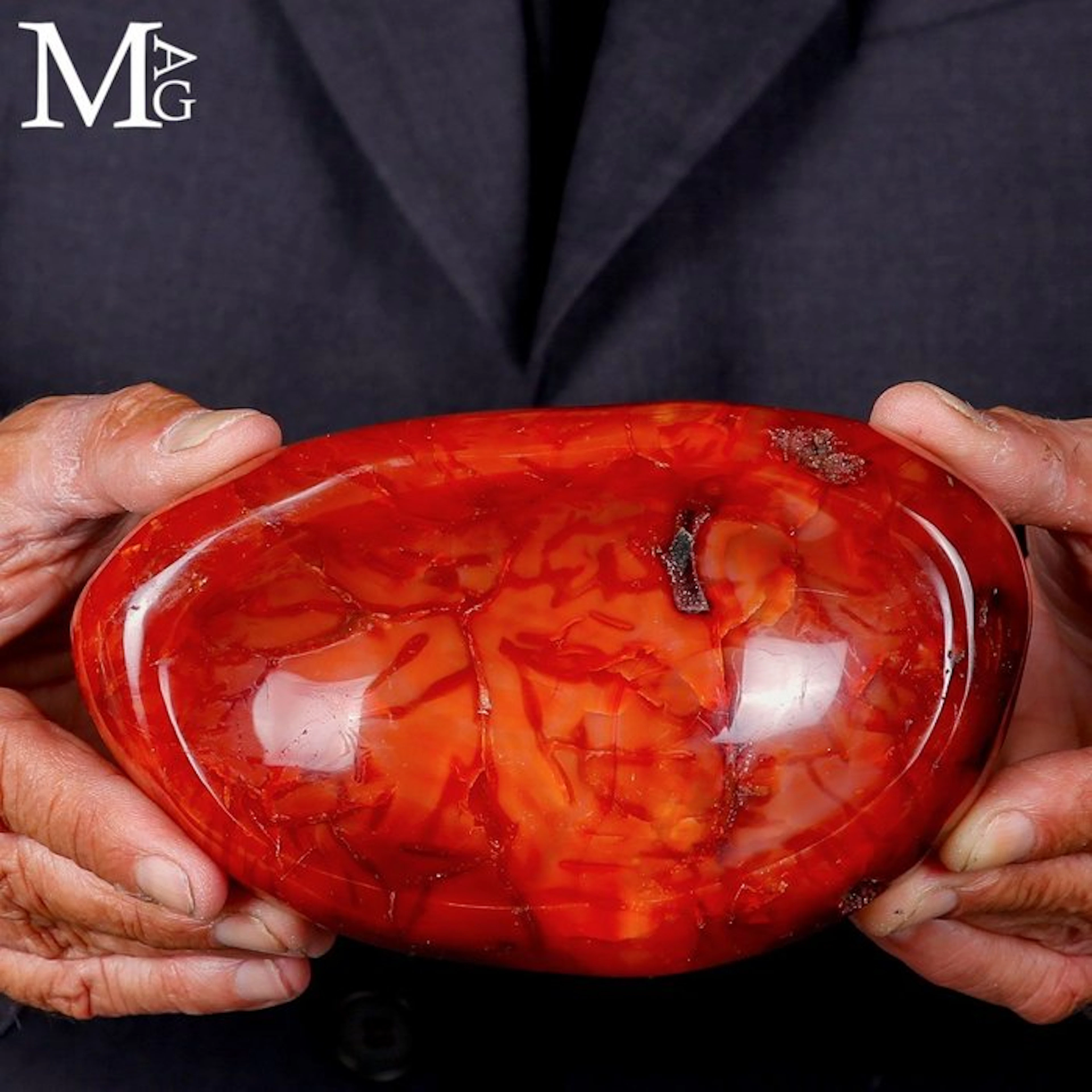 Hand-Carved Deep Red Carnelian Bowl Elegant Interior Item...