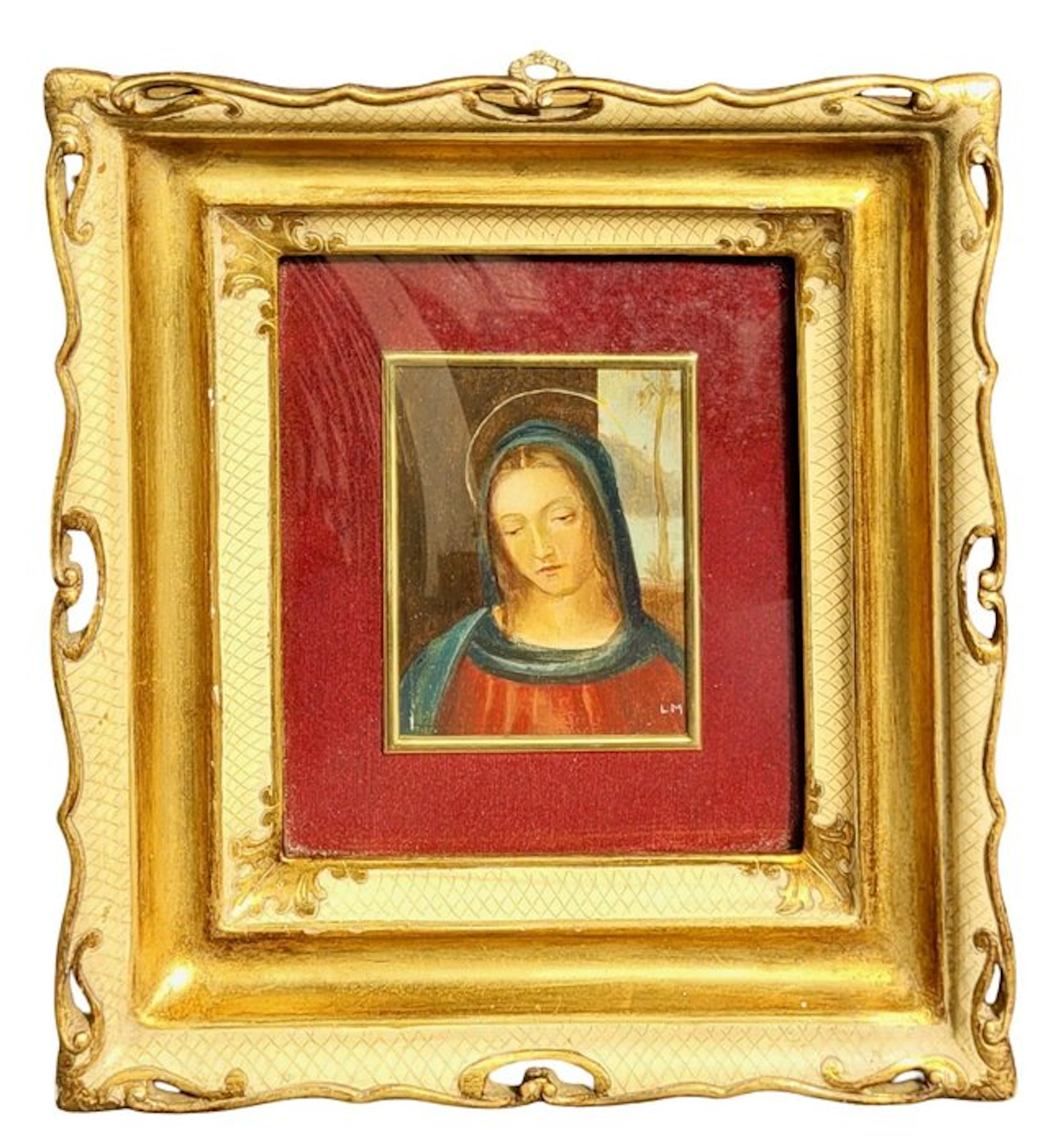 Icon - Mother of God - Wood, Glass, Velvet - Handpainted in frame