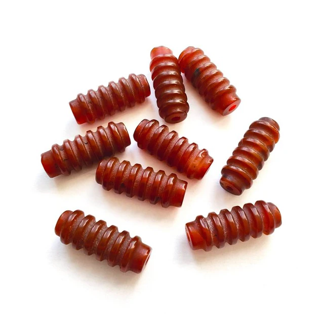 Silk Road, Central Asia Red Agate Cylindrical Necklace Beads - 31 mm
