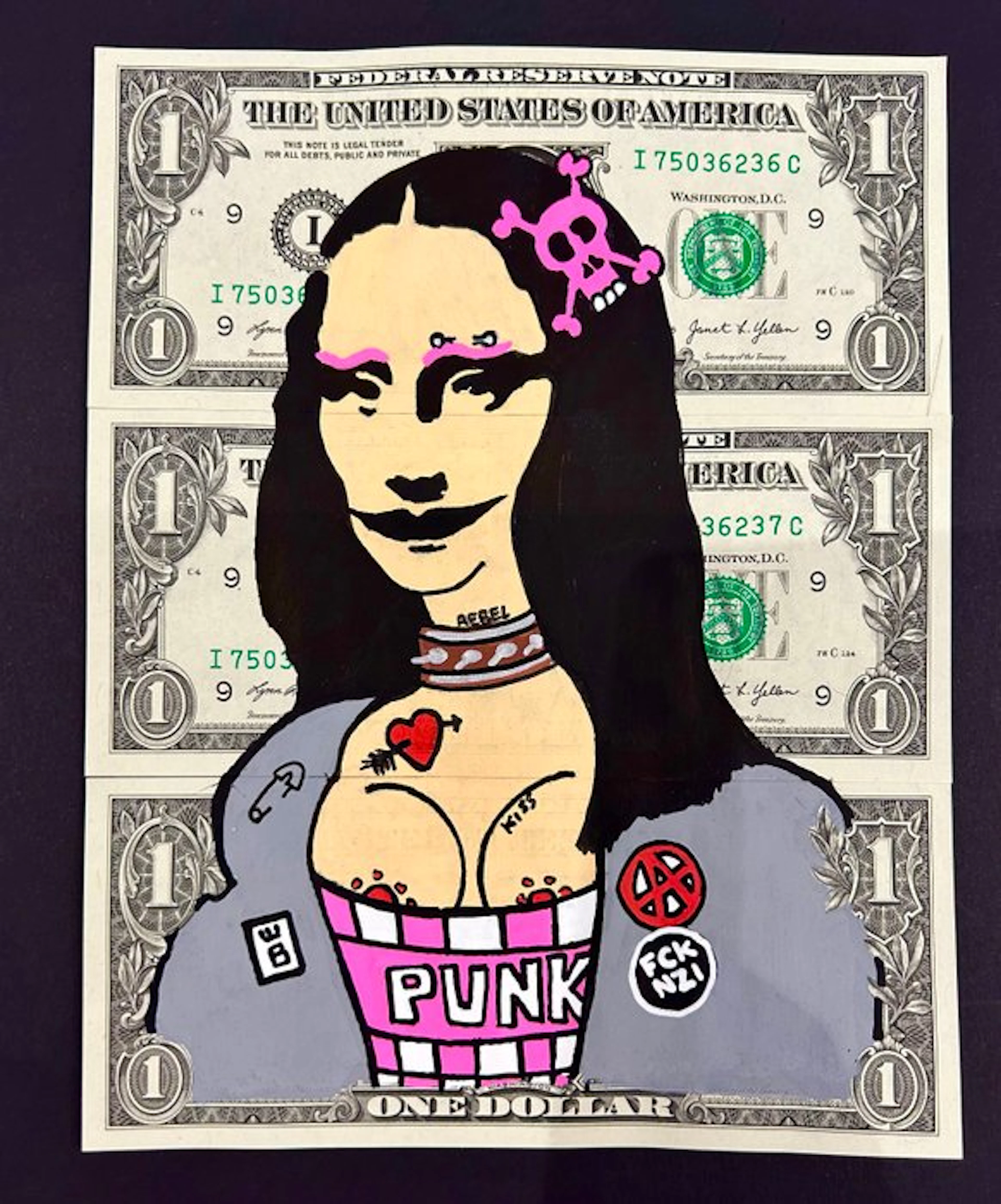 eR.B. - Street Art " Punk Joconde " sur dollars