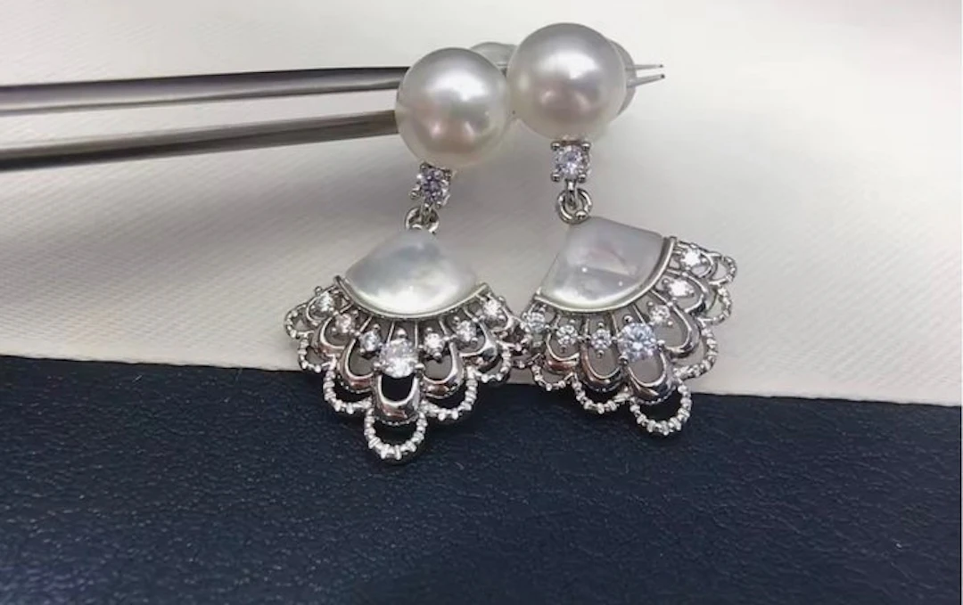 No reserve price - Statement earrings Silver Pearl - Zircon - Elegant earrings