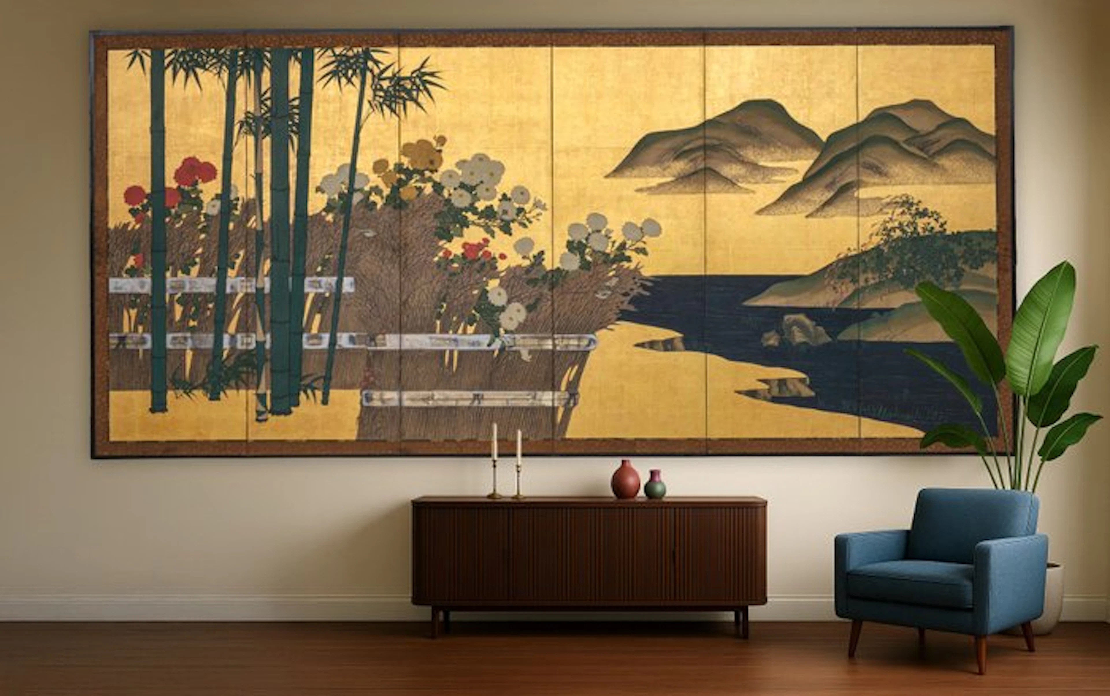 Folding screen with chrysanthemum garden - Mulberry paper