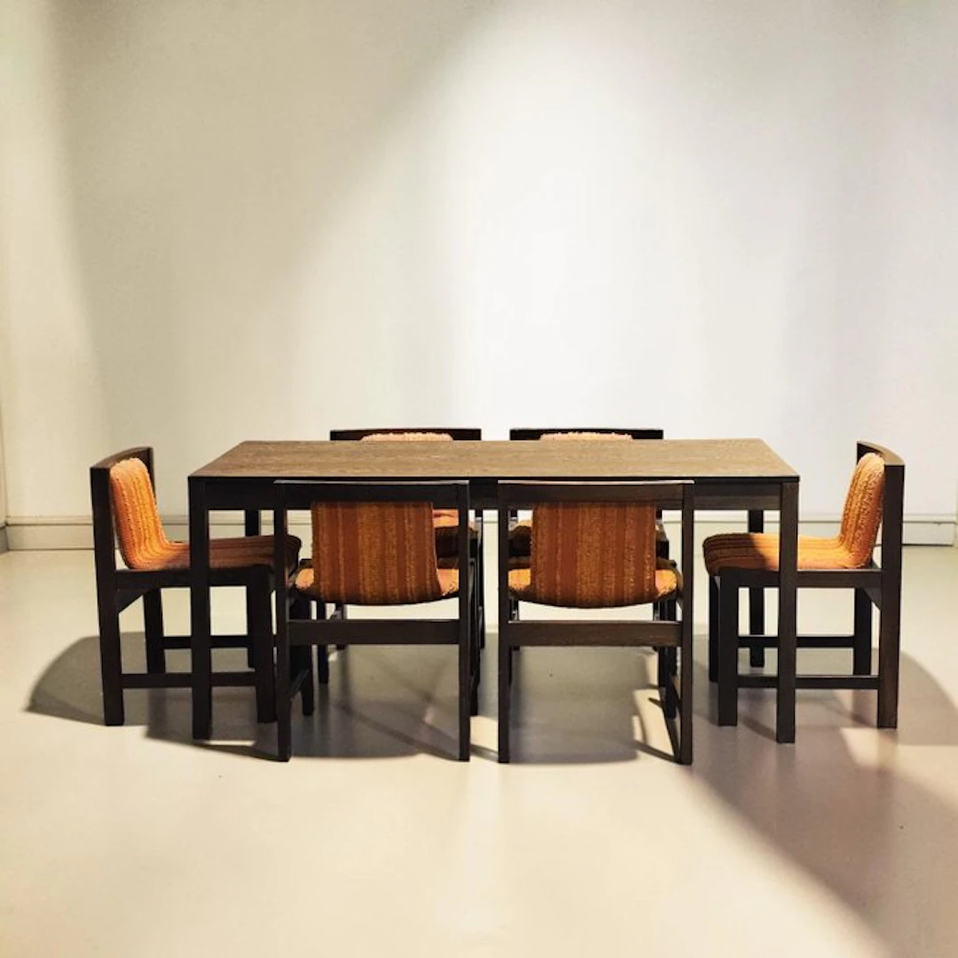 Dining table - Wood, Textile - Rectangular table and six matching chairs