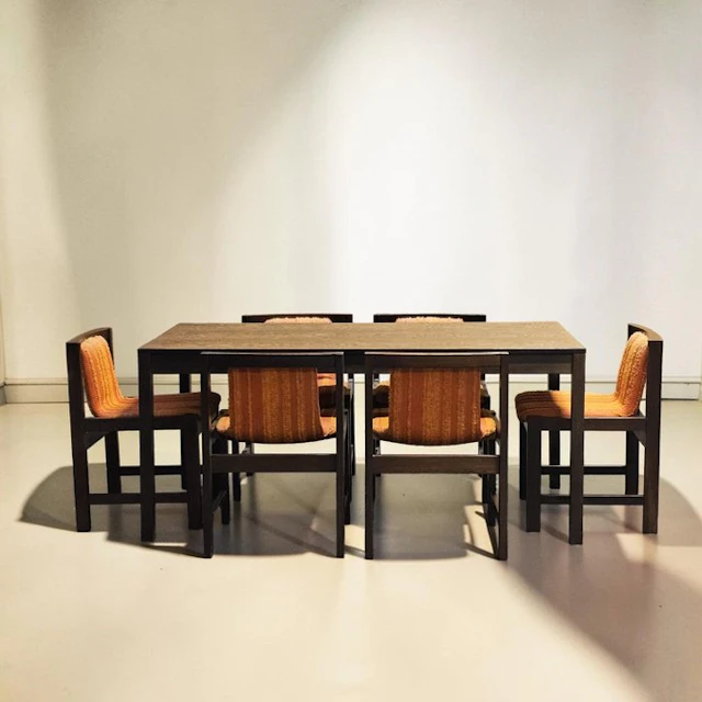 Dining table - Wood, Textile - Rectangular table and six matching chairs