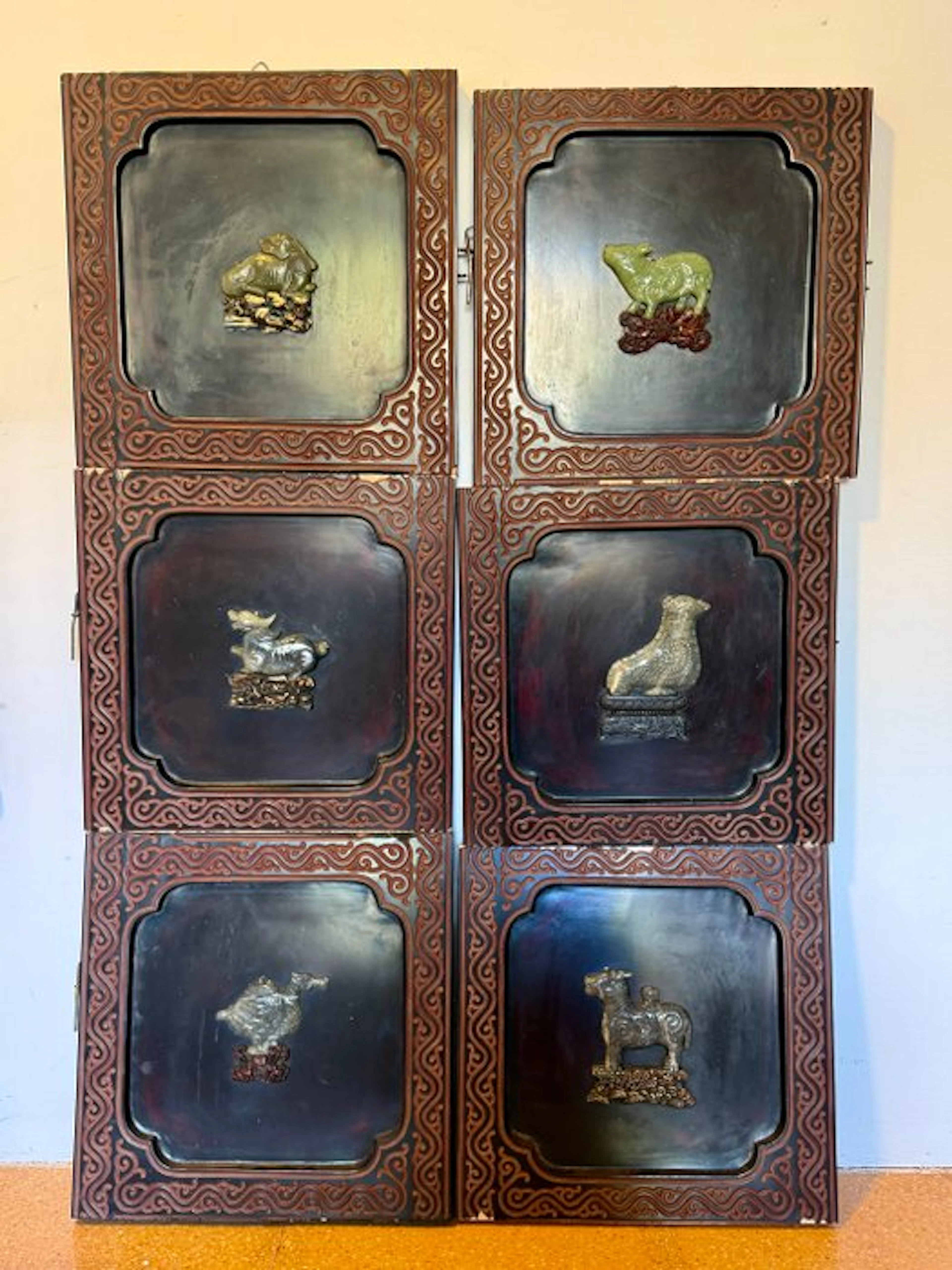 Set of Six 19th–20th Century Chinese Hardstone Carved Animal Panels