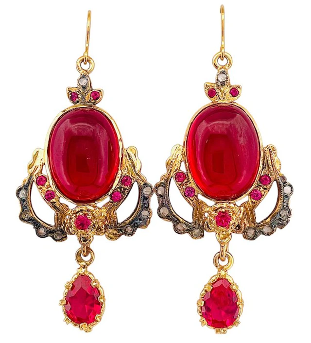 No reserve price - Earrings - 9 kt. Yellow gold, Silver Ruby - Diamond