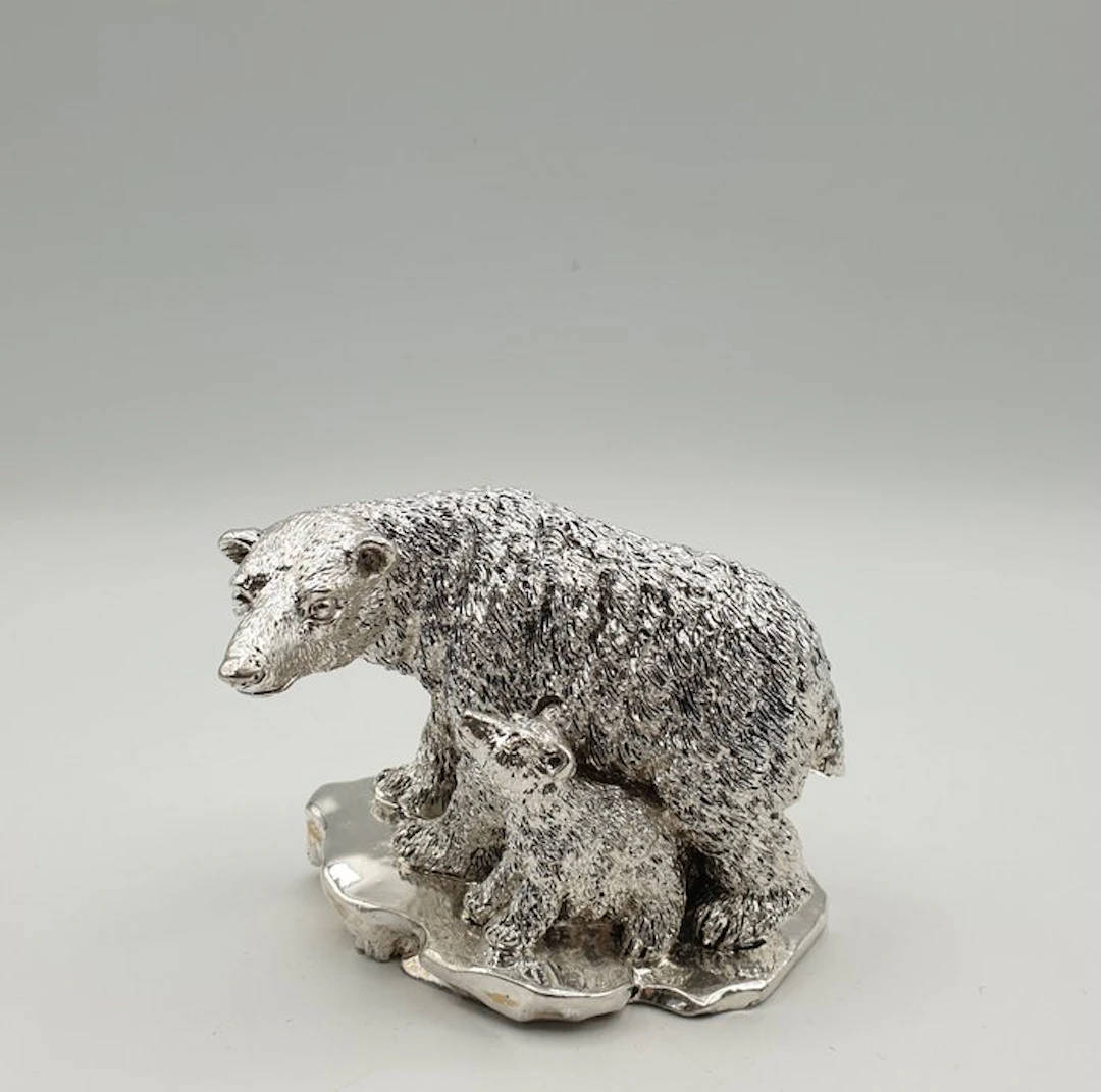 Mamma orsa con cucciolo rivestita in Argento - Figurine - Silver-plated
