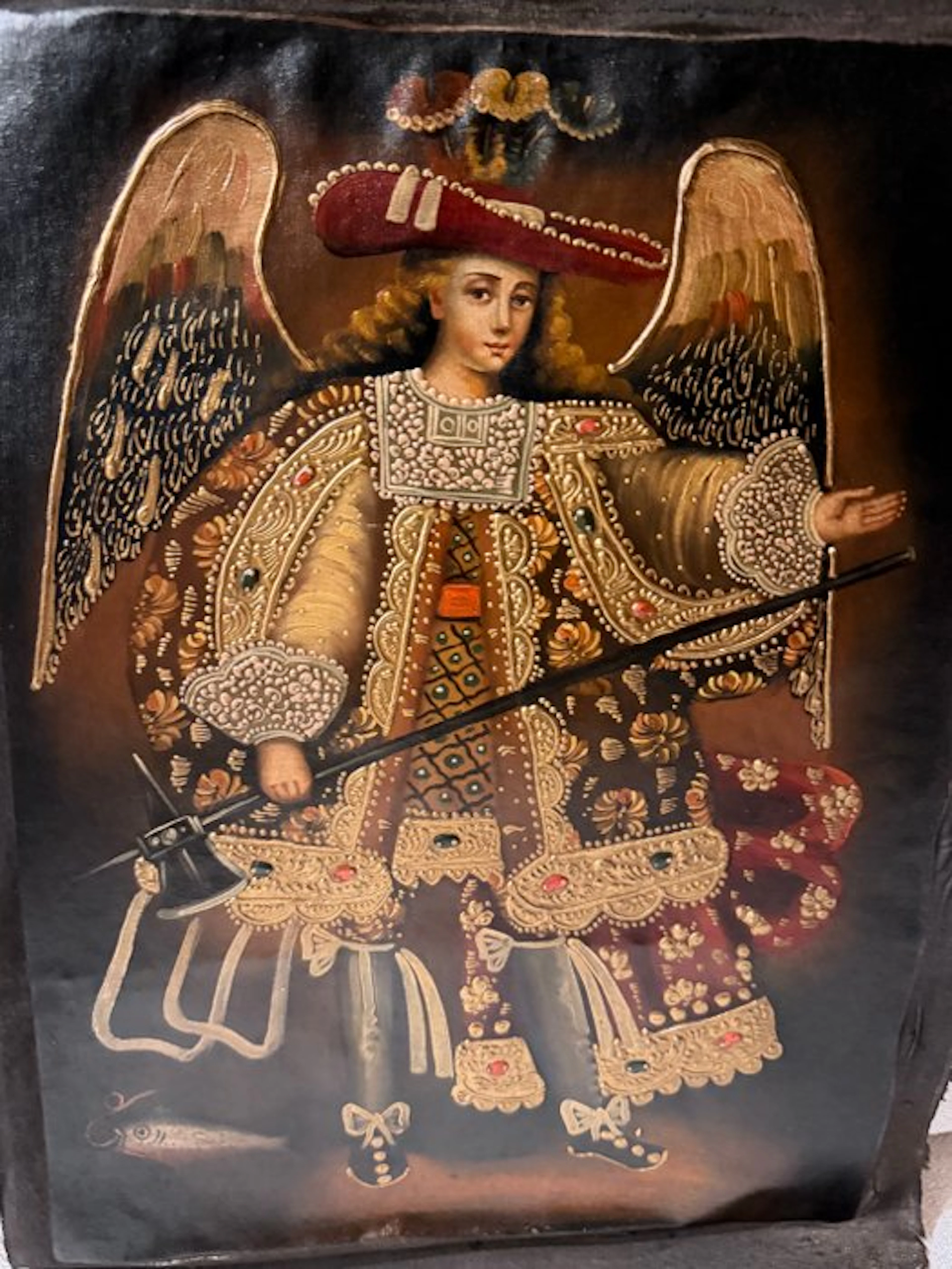 Cuzco School (XX) - Archangel Raphael holding a long-shafted Axe