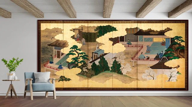 Folding screen with Tale of Genji scenes - Lacquered wood