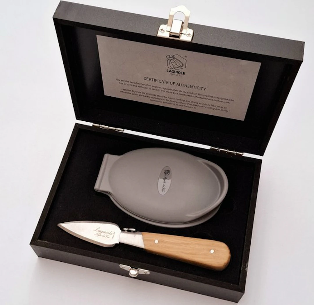 Laguiole - Oyster Knife & Oyster holder - Oak Wood handle...