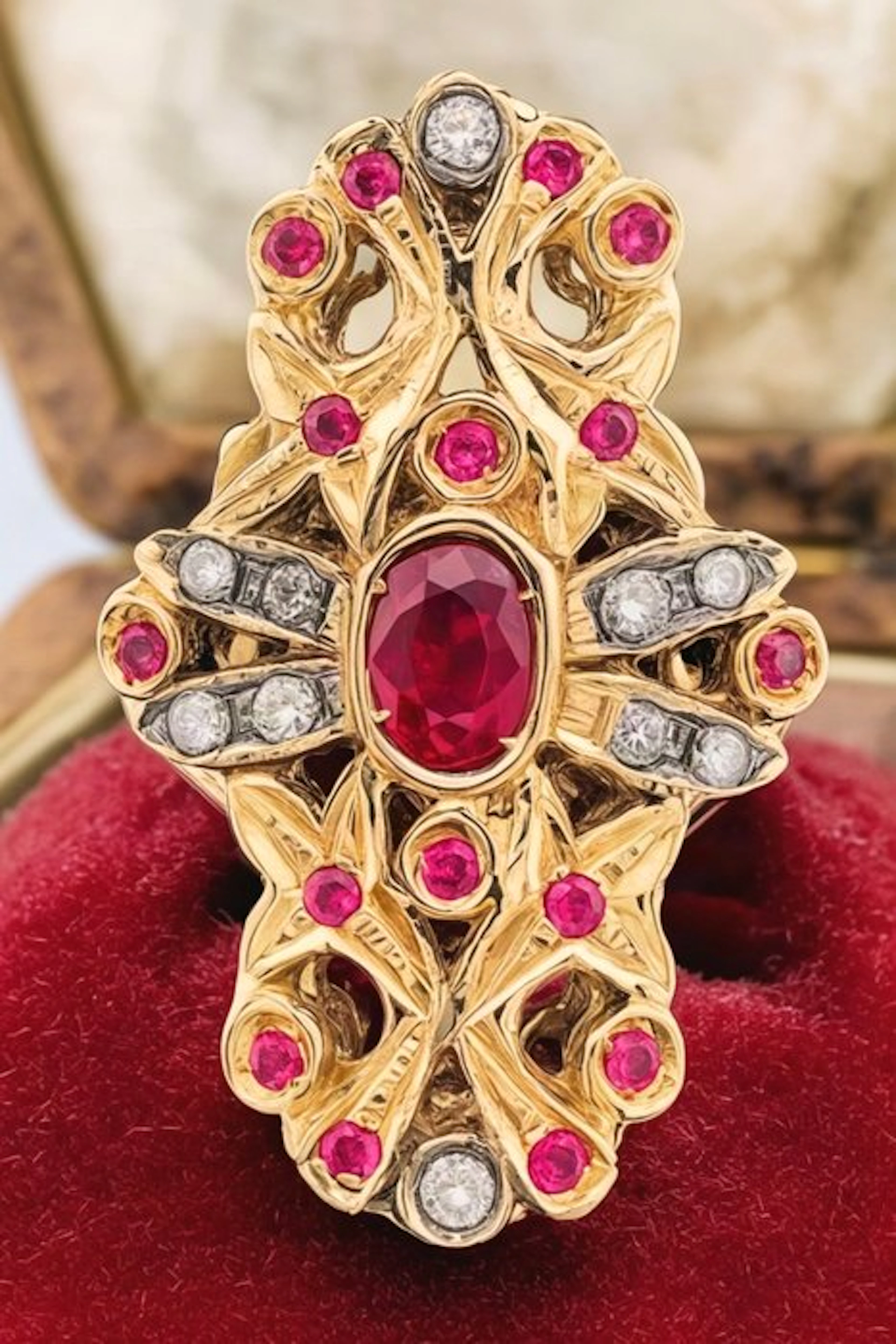 No reserve price - Ring - 9 kt. Yellow gold, Silver Ruby - Diamond
