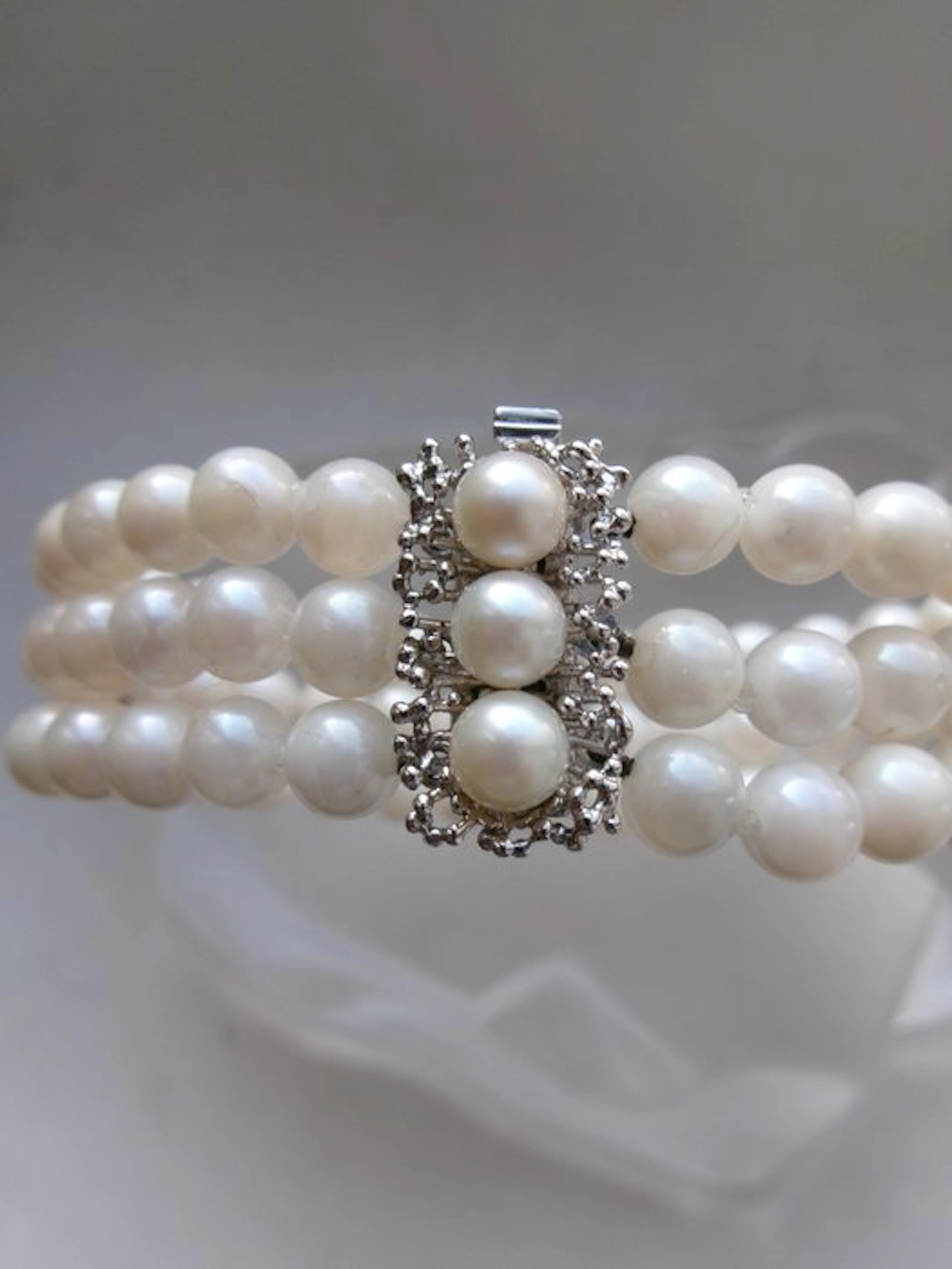 Silver, Cultured Pearls 3-Strand - Bracelet - Art Deco Style