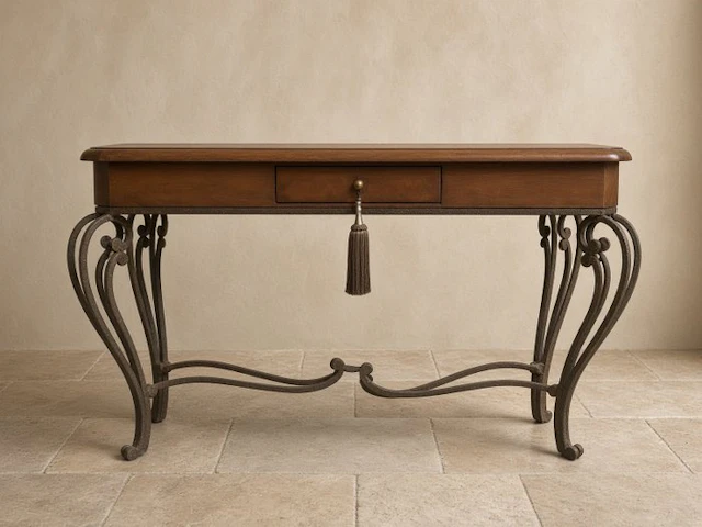 Console table - Spanish Neoclassical Leather-Wrapped and...