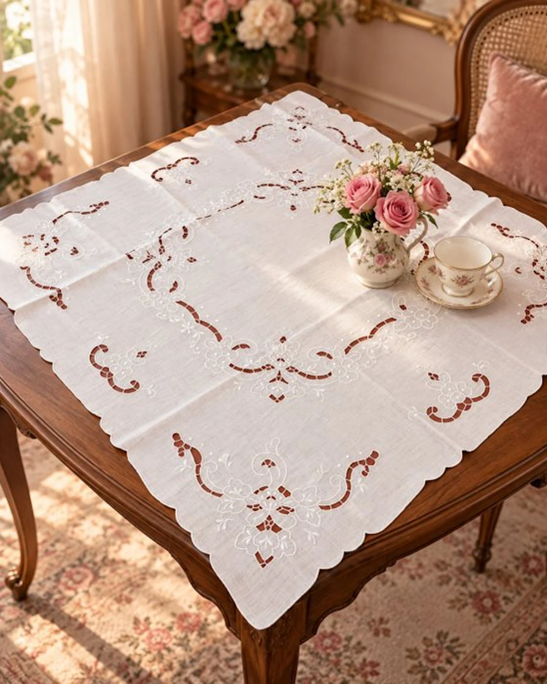 Embroidery - 90 cm - 90 cm - Hand Embroidered Linen
