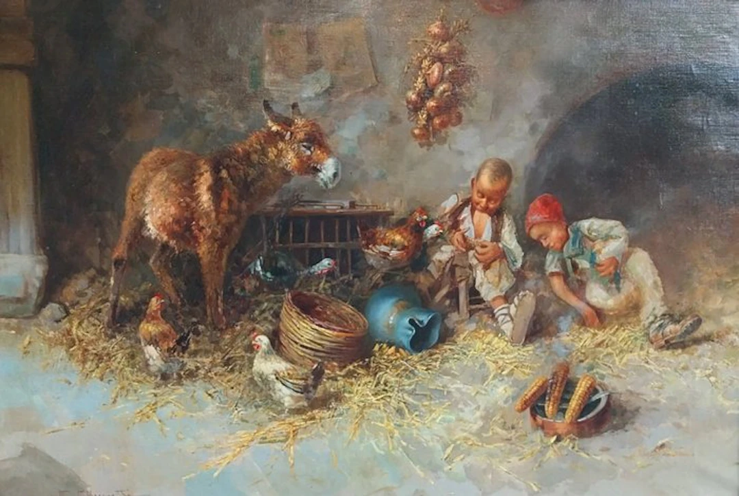 Tito Pellicciotti (1871-1950) - Interno con Bambini e animali