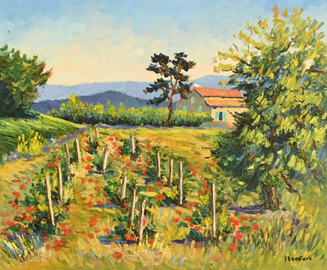 Christiane Stenfort (née en 1940) - Vigne et coquelicots dans la Drôme