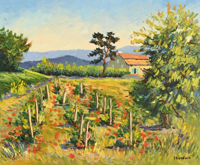 Christiane Stenfort (née en 1940) - Vigne et coquelicots dans la Drôme