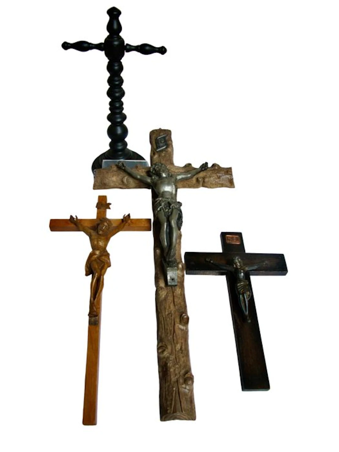 Antique Crucifix (4) - Wood and metal - 1900-1910 - Antique hand-stitched