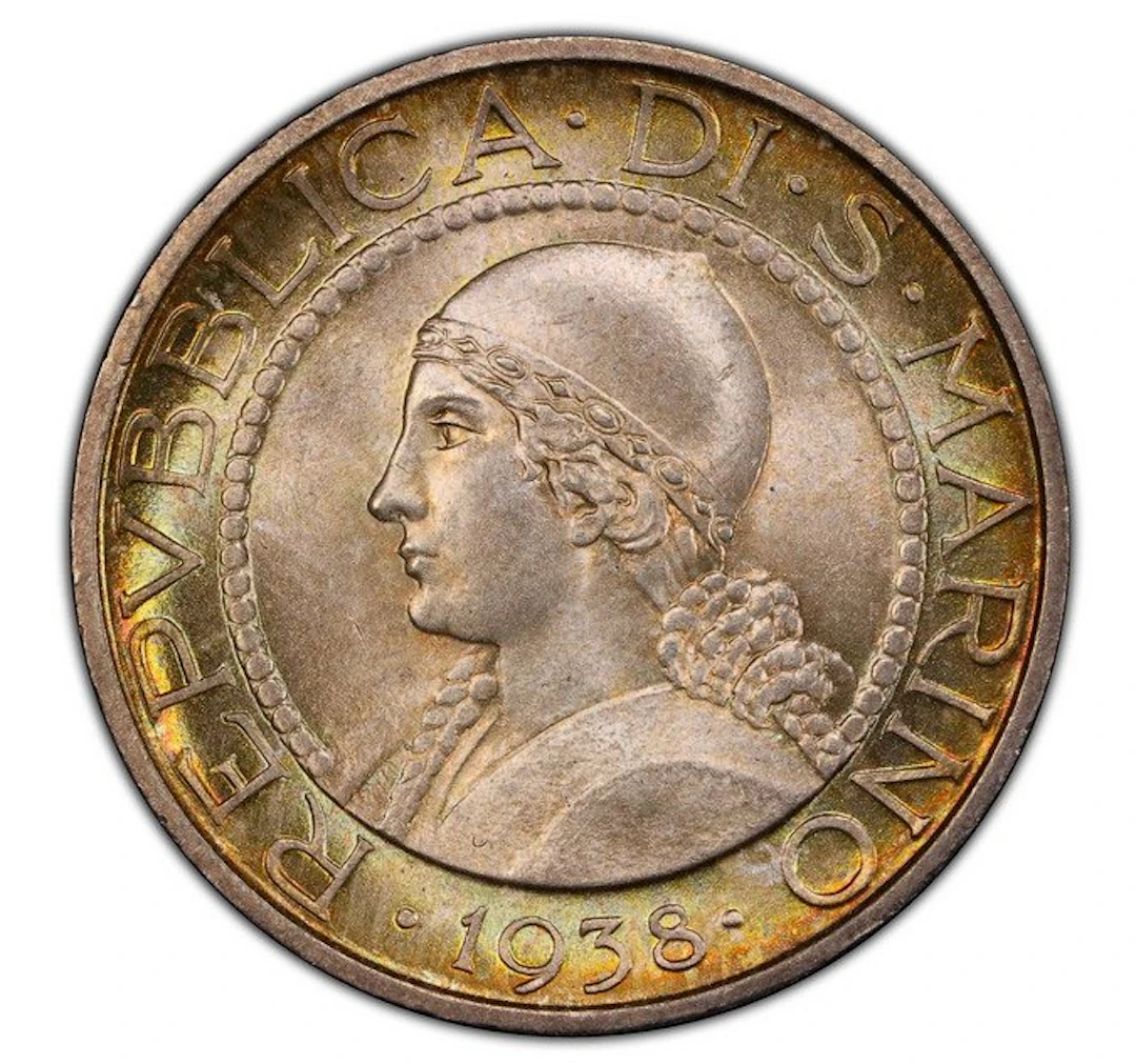 San Marino. 5 Lire 1938 - NGC MS64