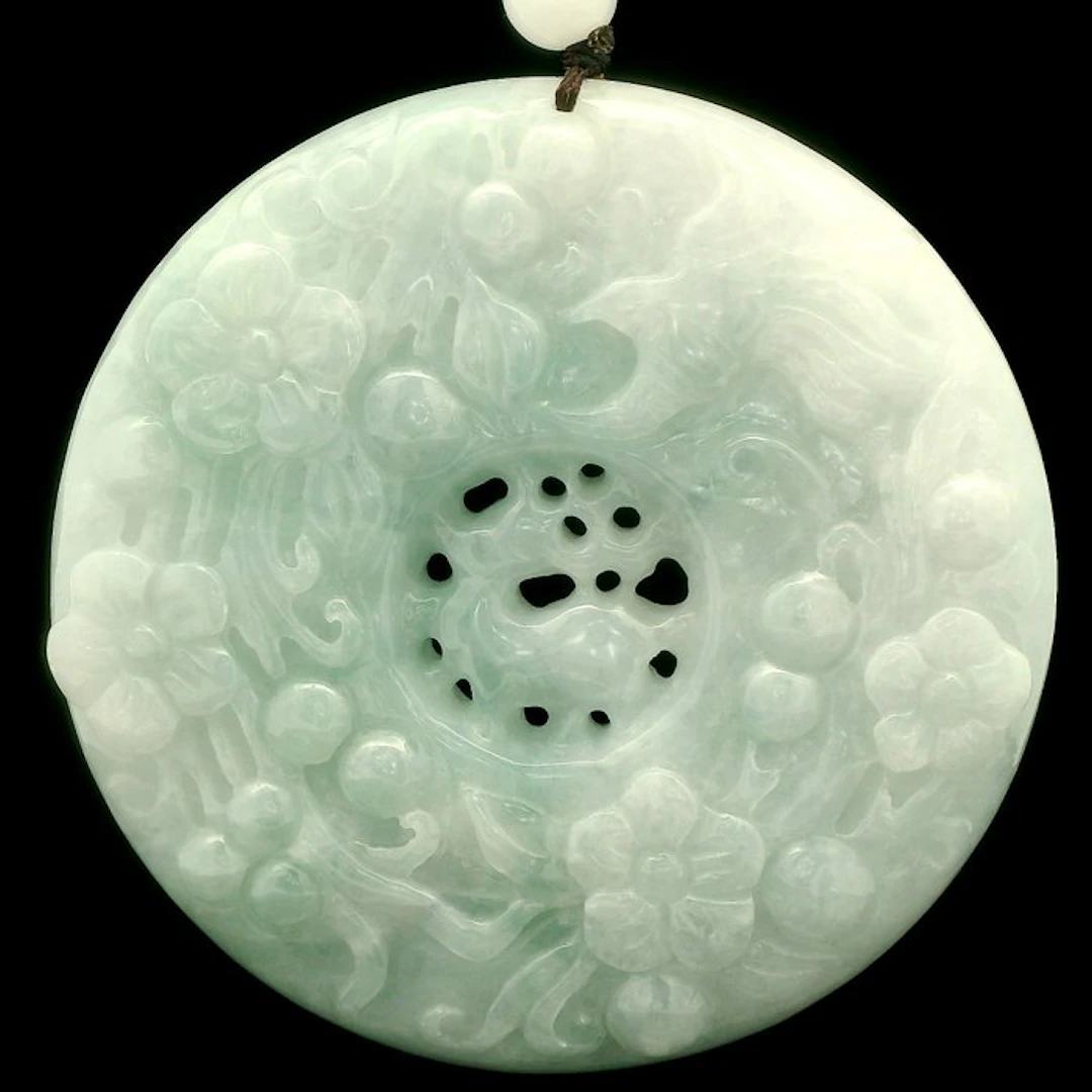 Jade - Jadeite Pendant – Large Carved Disc with Openwork...