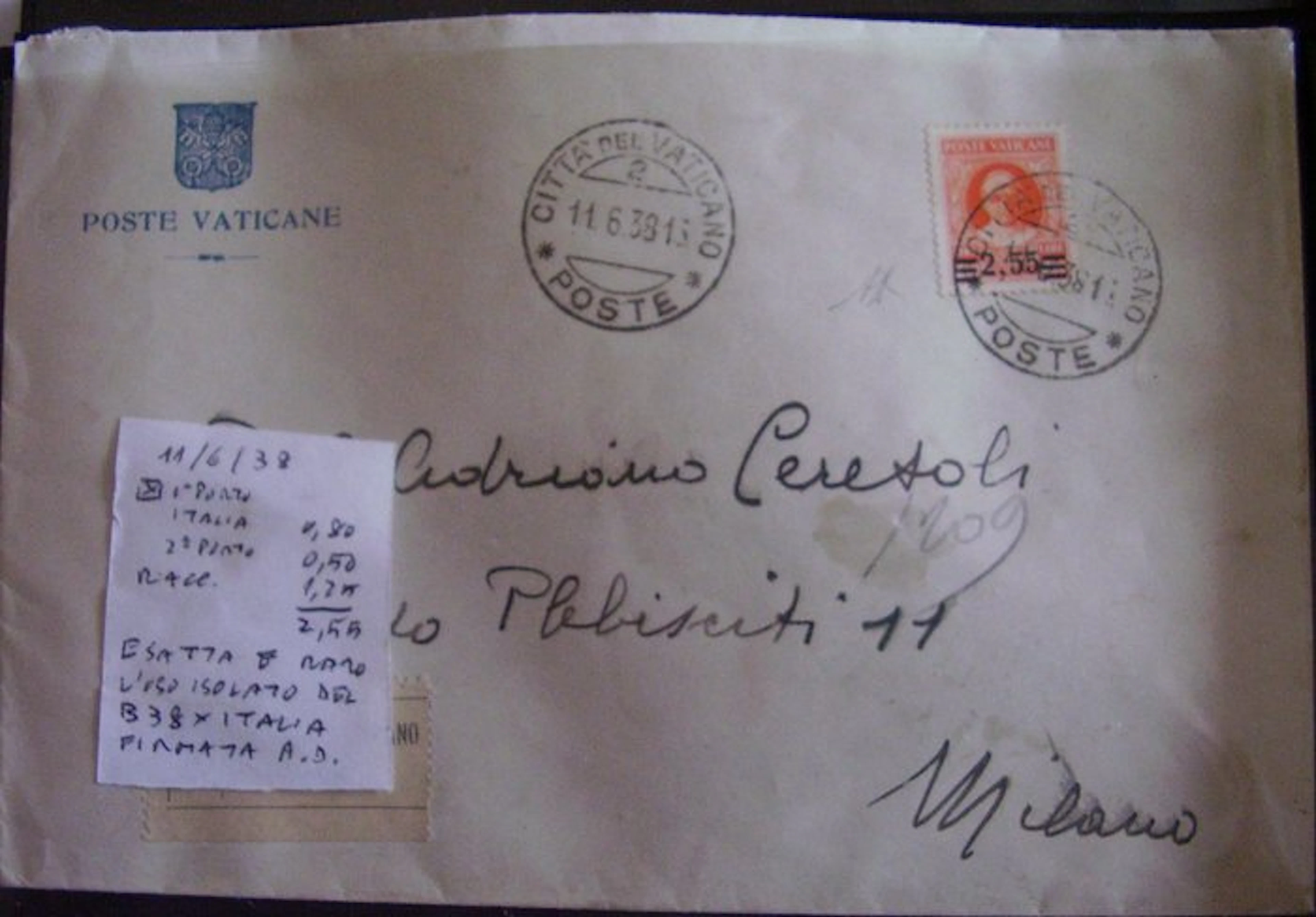 Vatican City - B38 isolated on a letter to Italy